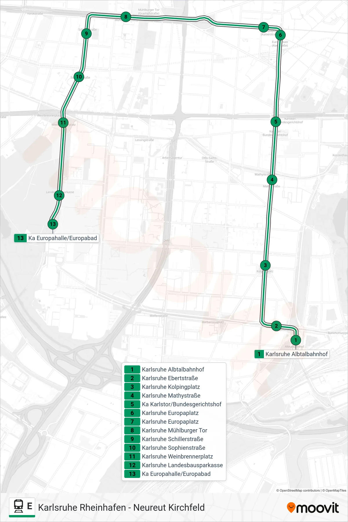 Linie E (Bahn) Richtung Ka Europahalle/Europabad: Route und Haltestellen auf der Karte