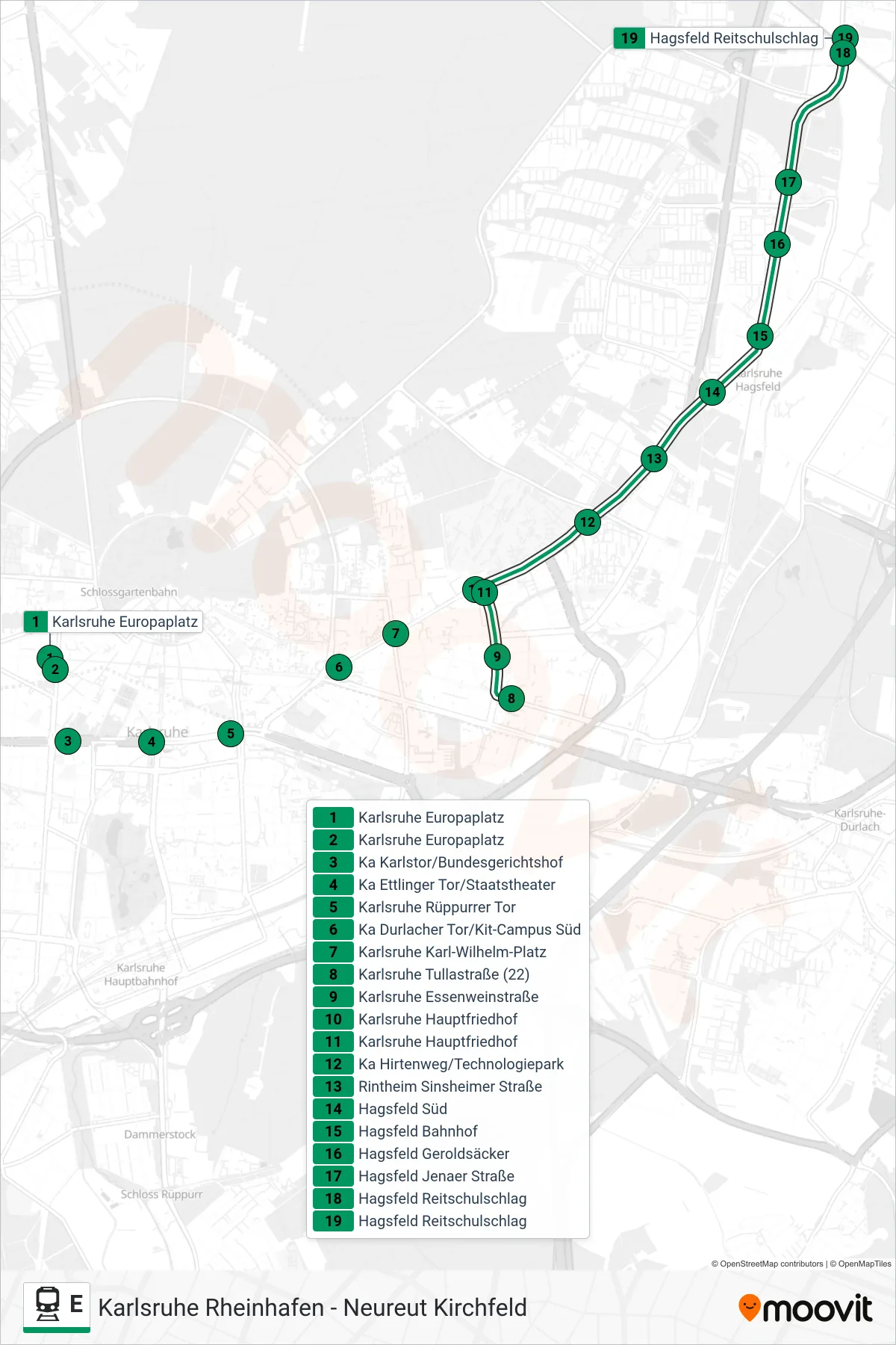 Linie E (Bahn) Richtung Hagsfeld Reitschulschlag: Route und Haltestellen auf der Karte