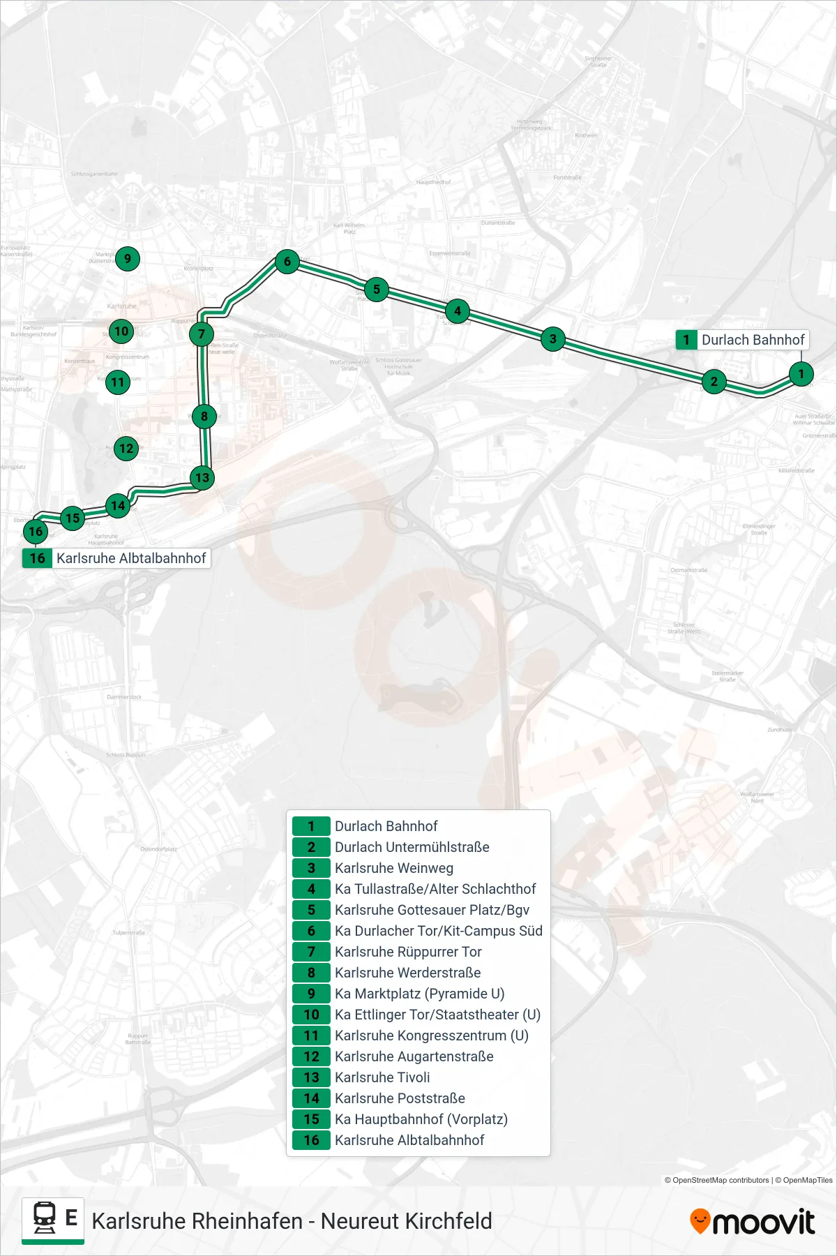 Linie E (Bahn) Richtung Karlsruhe Albtalbahnhof: Route und Haltestellen auf der Karte
