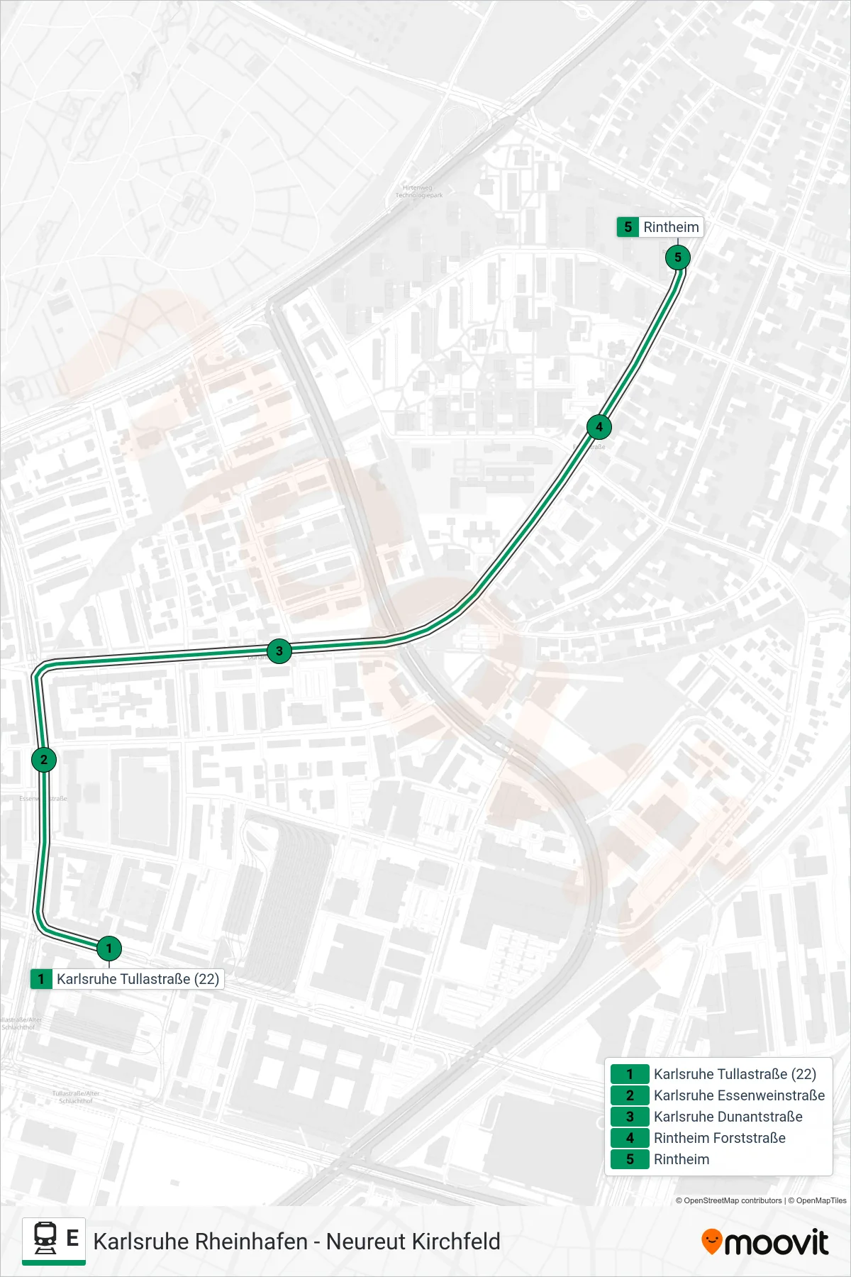 E train Line (Rintheim) route and stops on a map