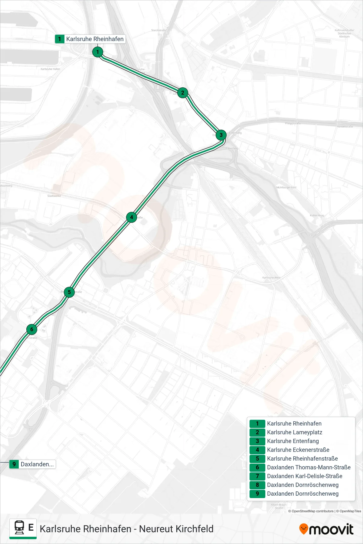 E rail Line (Daxlanden Dornröschenweg) route and stops on a map