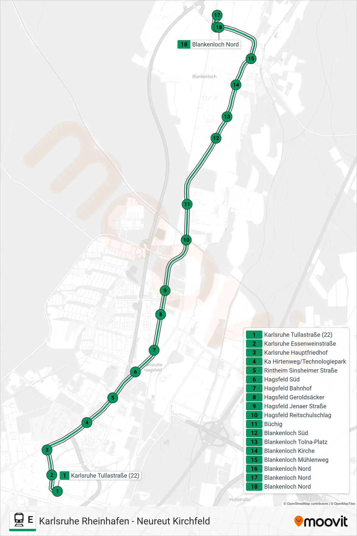 Linie E (Bahn) Richtung Blankenloch Nord: Route und Haltestellen auf der Karte
