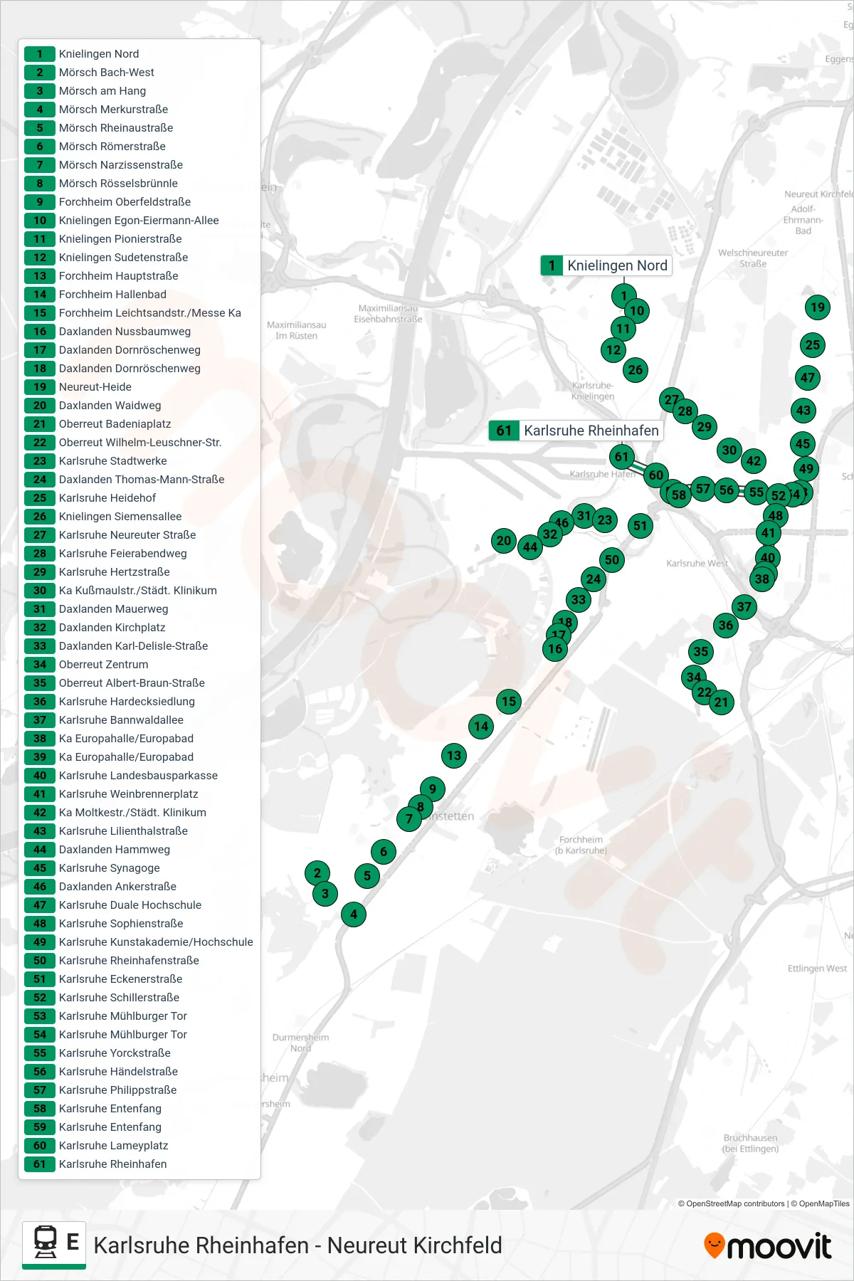 E rail Line (Karlsruhe Rheinhafen) route and stops on a map