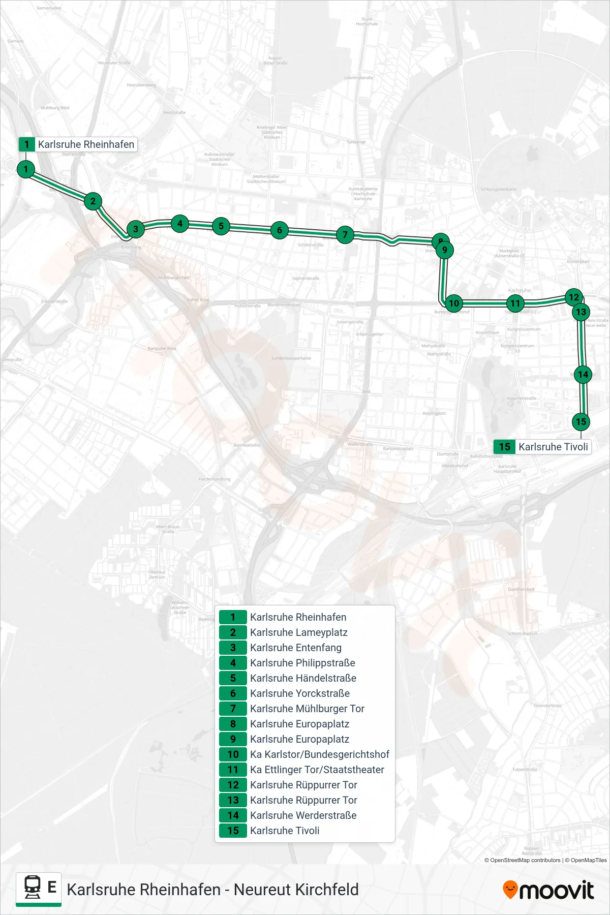 E rail Line (Karlsruhe Tivoli) route and stops on a map