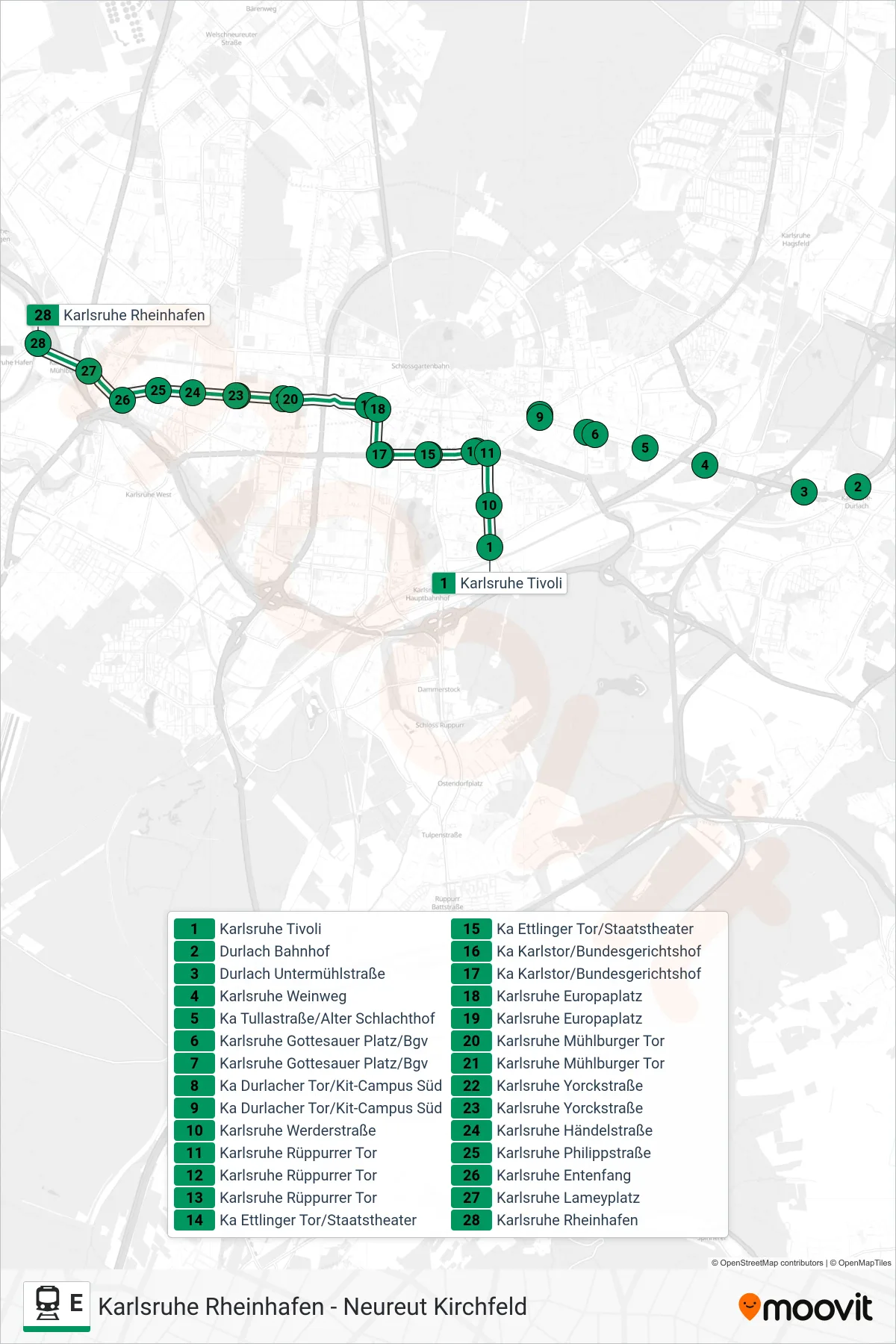 E train Line (Karlsruhe Rheinhafen) route and stops on a map