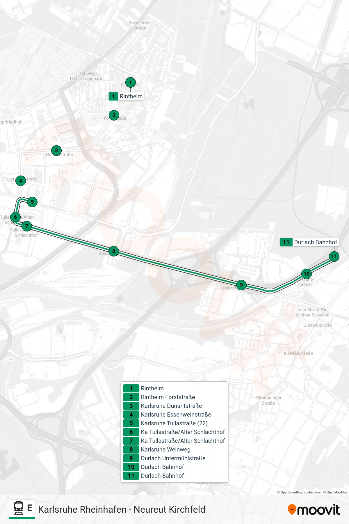 Linie E (Bahn) Richtung Durlach Bahnhof: Route und Haltestellen auf der Karte