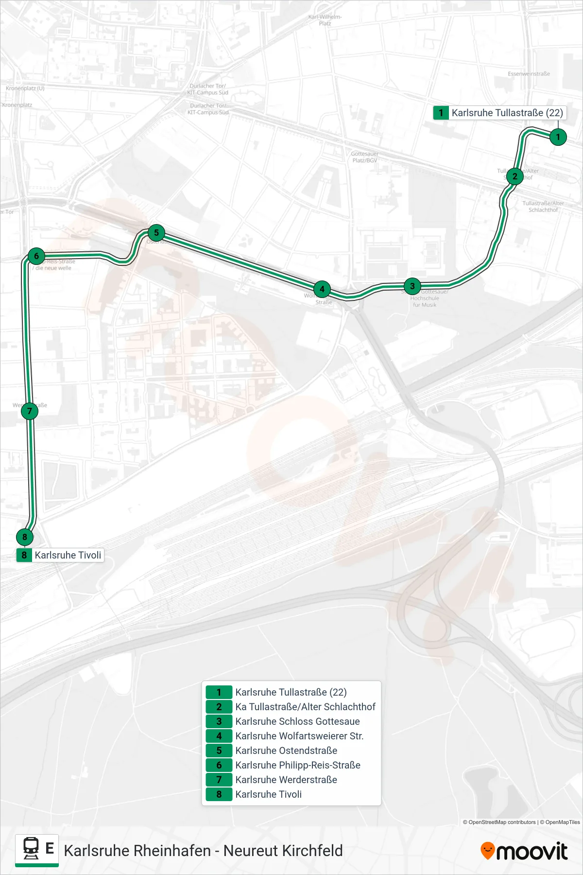 E rail Line (Karlsruhe Tivoli) route and stops on a map