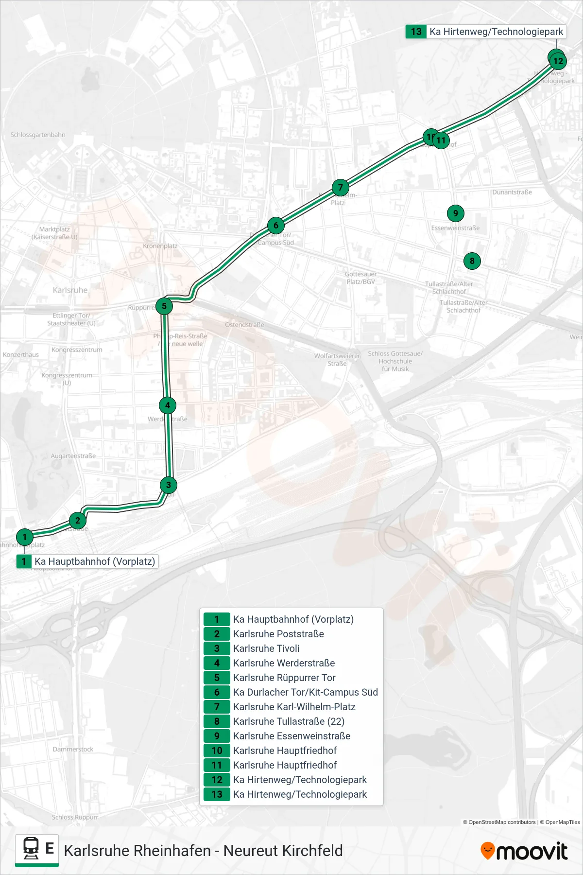 E rail Line (Ka Hirtenweg/Technologiepark) route and stops on a map