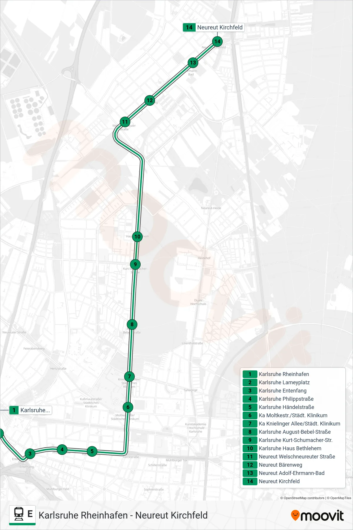 E train Line (Neureut Kirchfeld) route and stops on a map