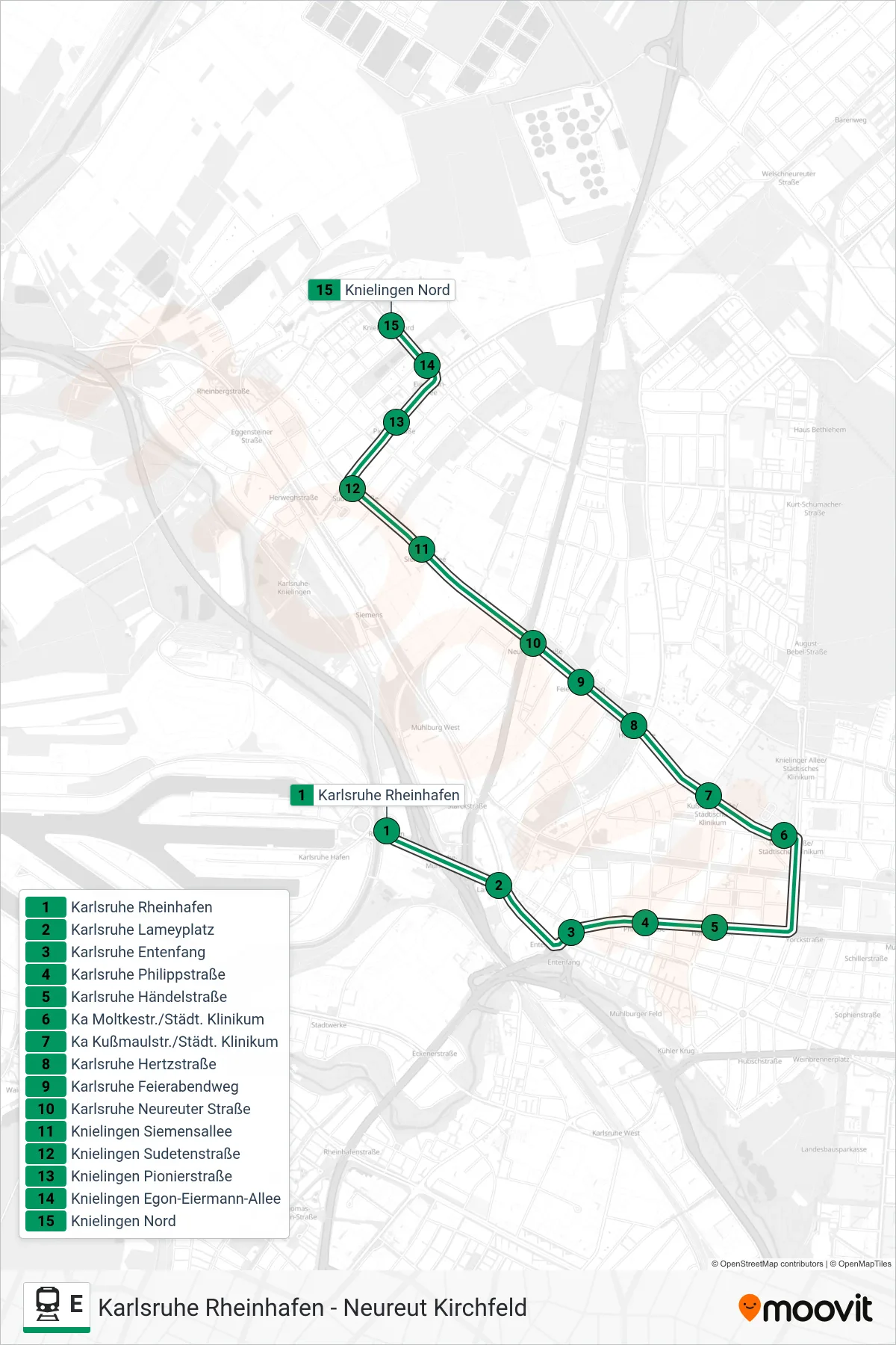 E rail Line (Knielingen Nord) route and stops on a map