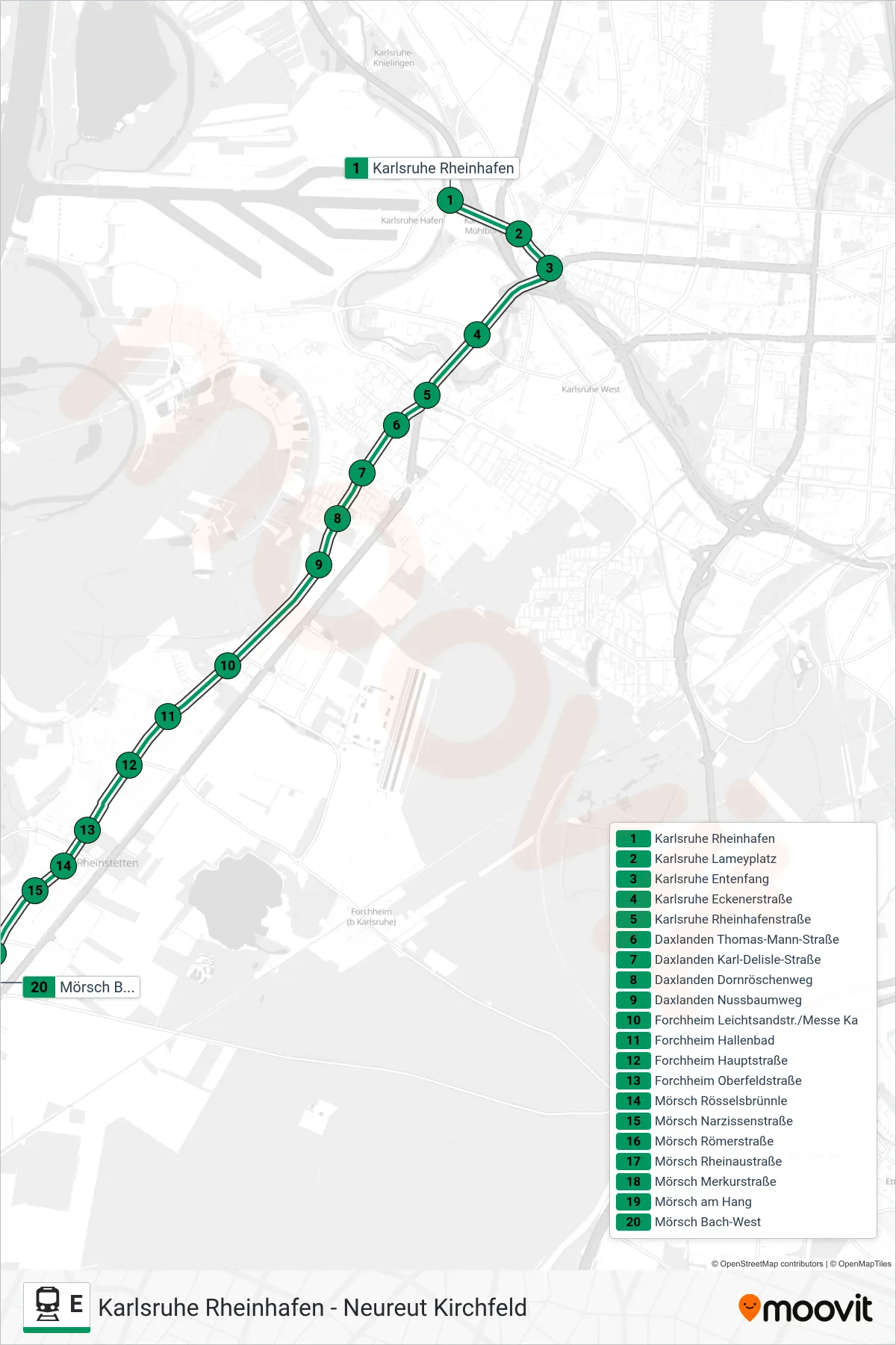 E rail Line (Mörsch Bach-West) route and stops on a map