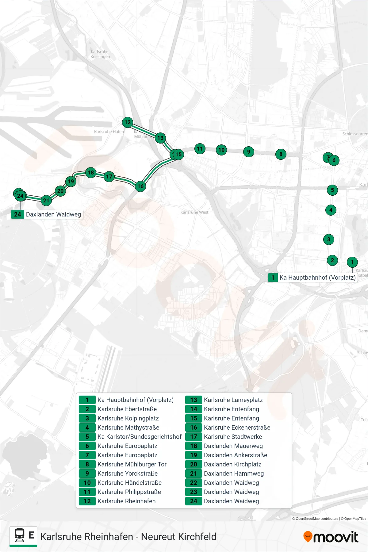 Linie E (Bahn) Richtung Daxlanden Waidweg: Route und Haltestellen auf der Karte