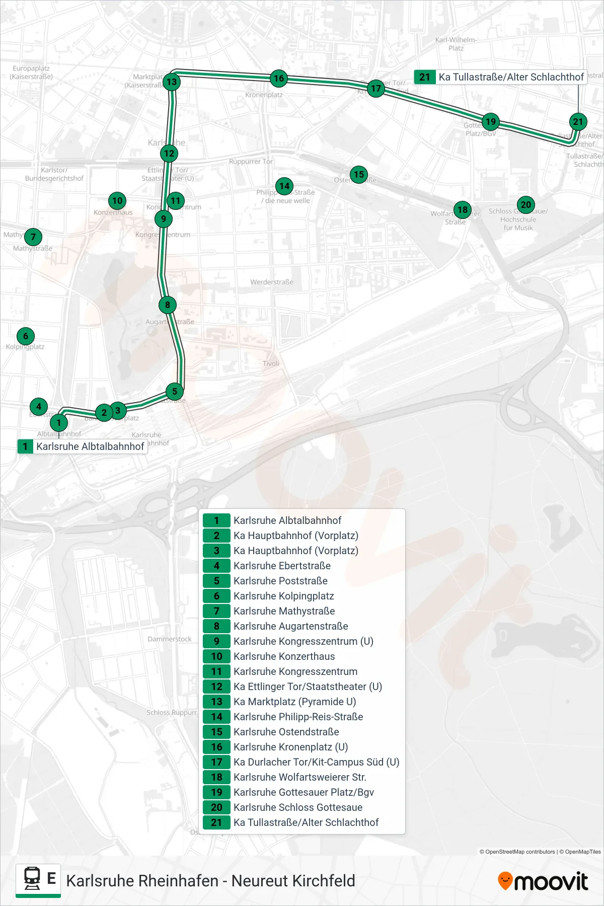 E rail Line (Ka Tullastraße/Alter Schlachthof) route and stops on a map