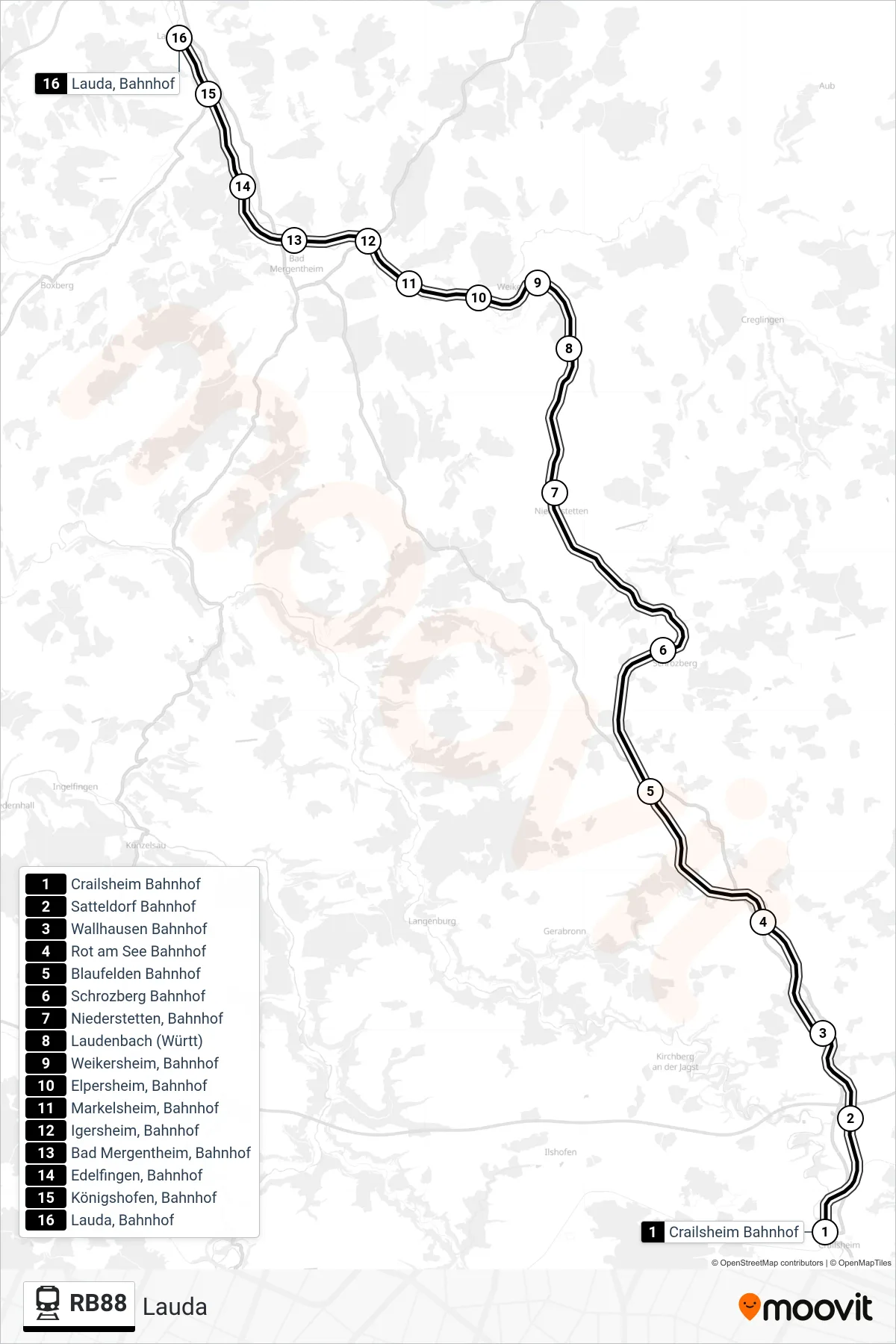RB88 tram Line (Lauda) route and stops on a map