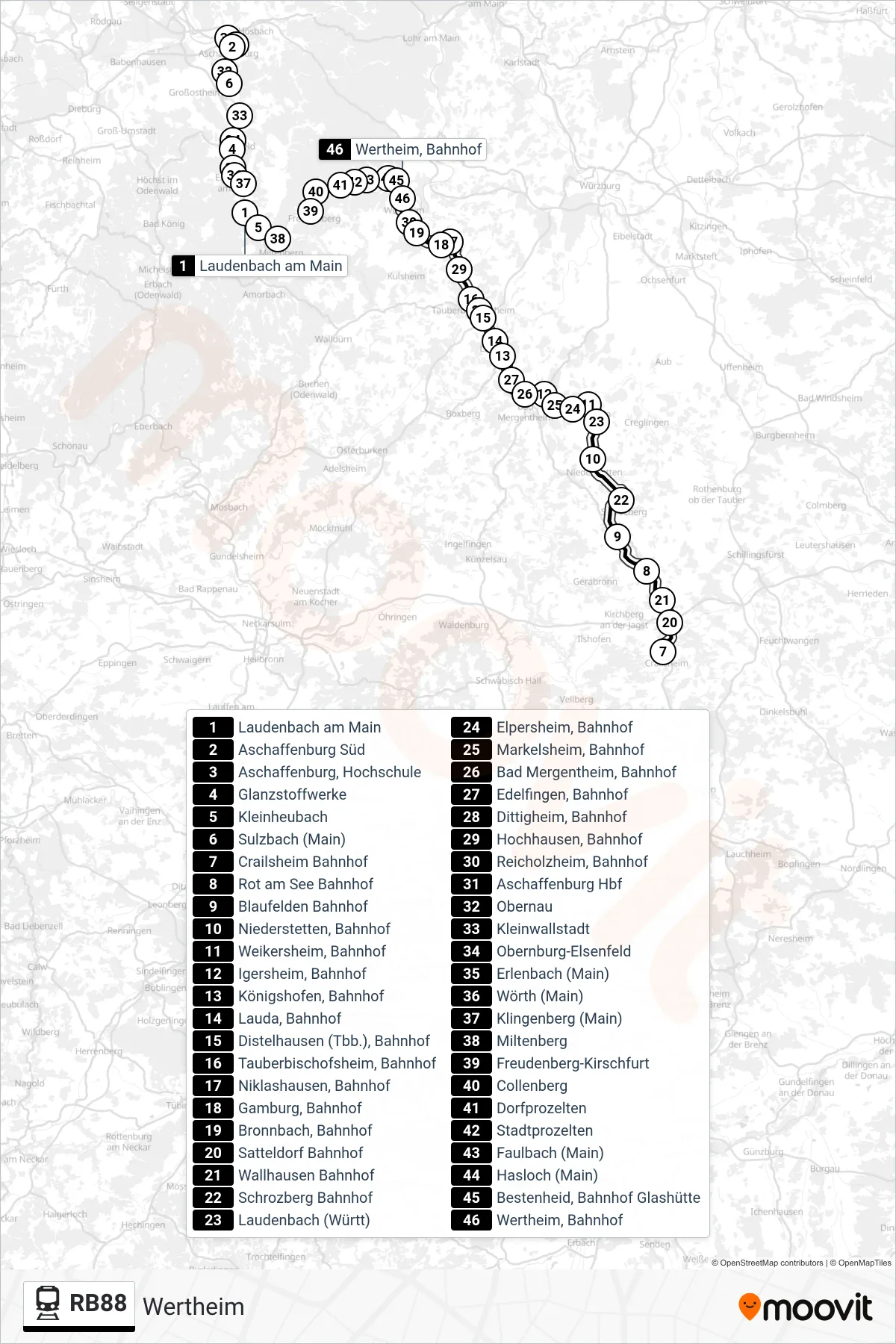 RB88 tram Line (Wertheim) route and stops on a map