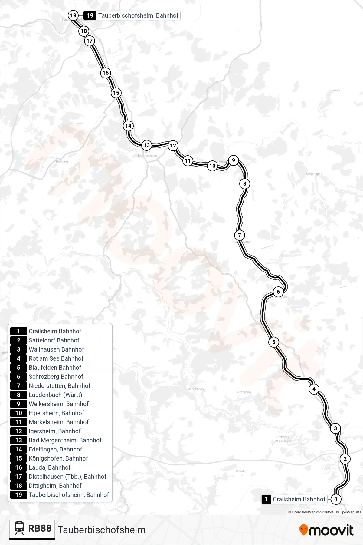 RB88 tram Line (Tauberbischofsheim) route and stops on a map