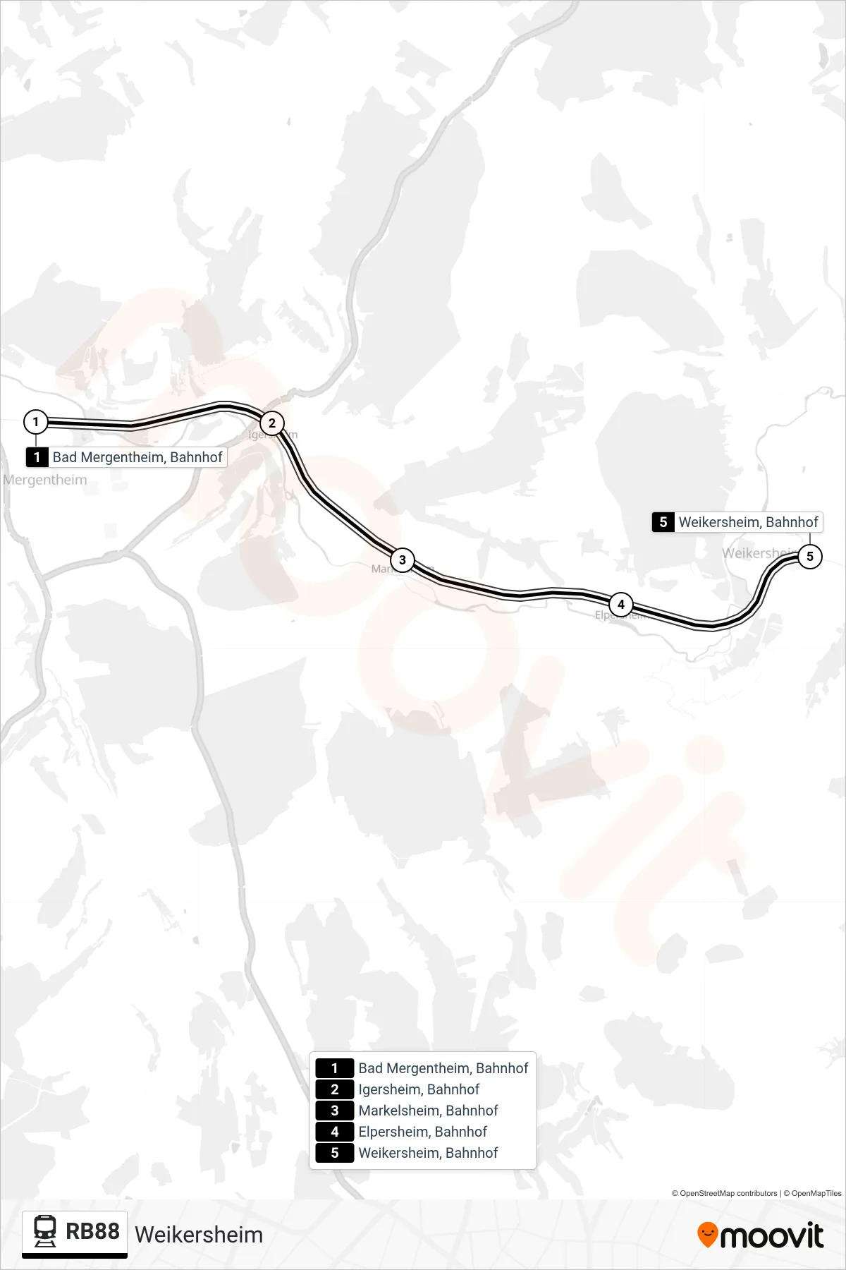 RB88 tram Line (Weikersheim) route and stops on a map