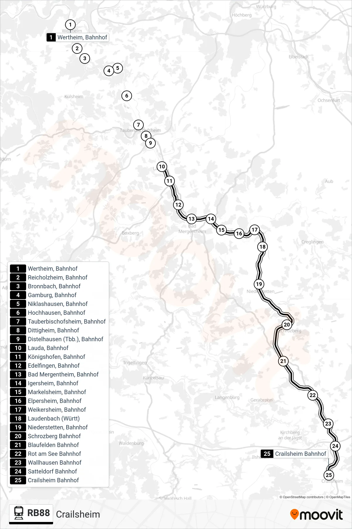 Linie RB88 (Tram) Richtung Crailsheim: Route und Haltestellen auf der Karte