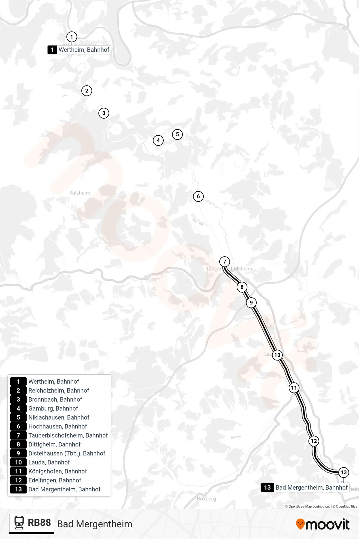 RB88 tram Line (Bad Mergentheim) route and stops on a map