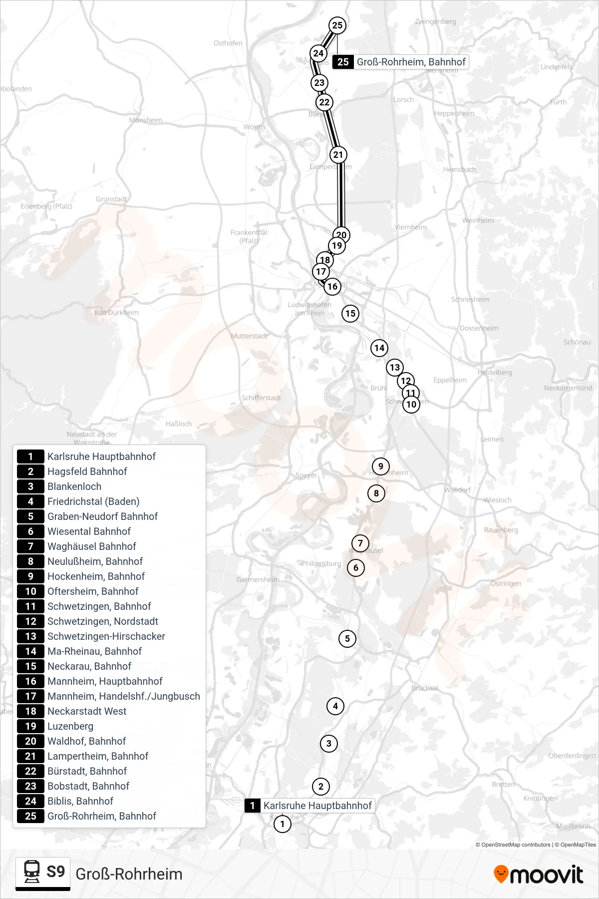 S9 rail Line (Groß-Rohrheim) route and stops on a map