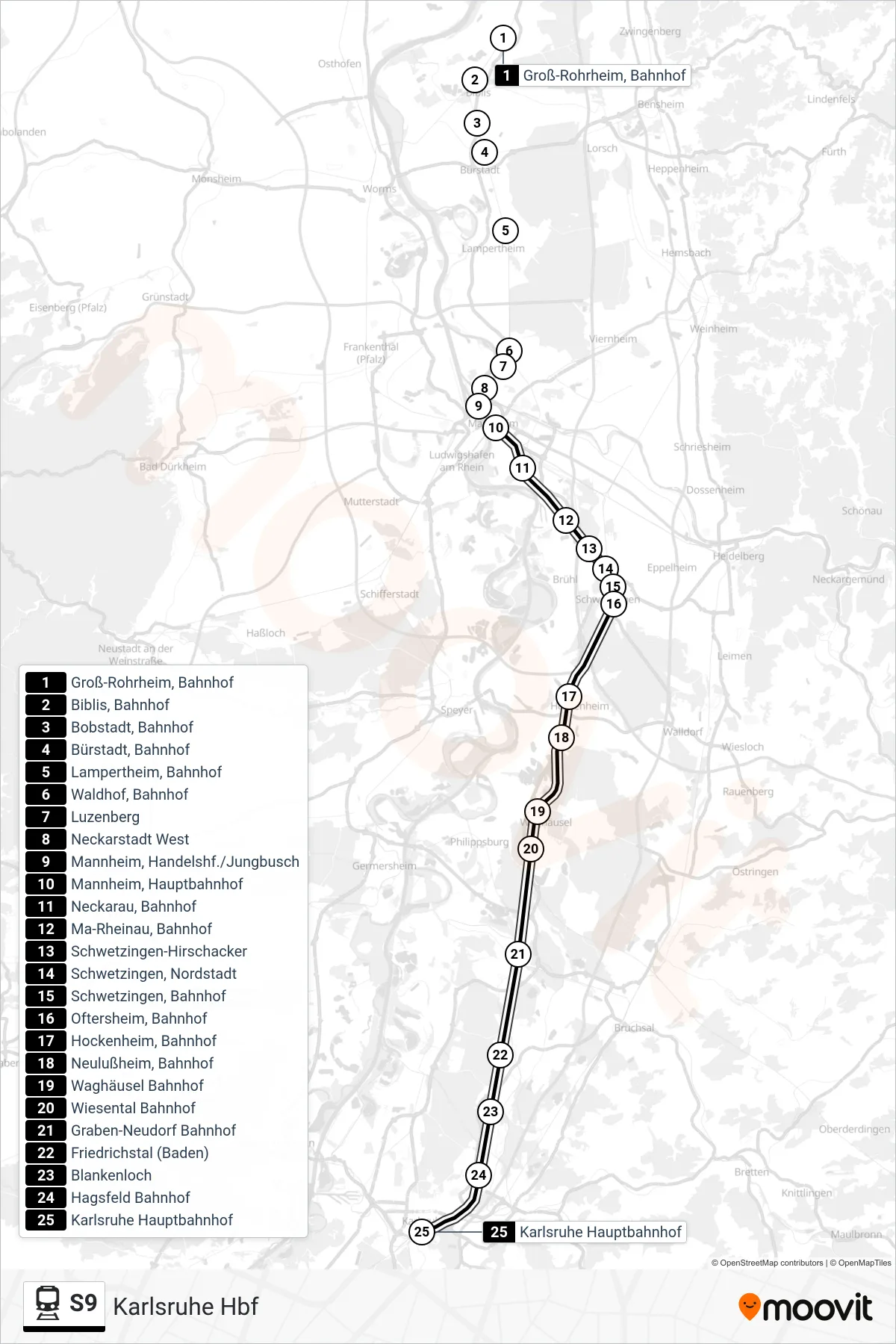 S9 train Line (Karlsruhe Hbf) route and stops on a map