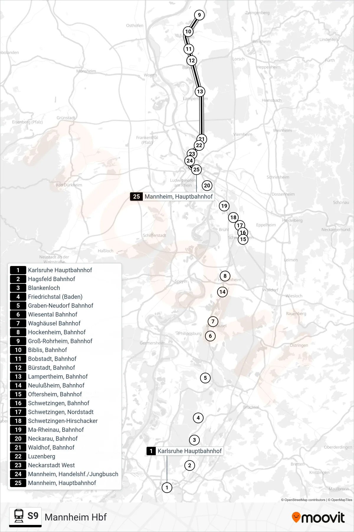 Linie S9 (Bahn) Richtung Mannheim Hbf: Route und Haltestellen auf der Karte