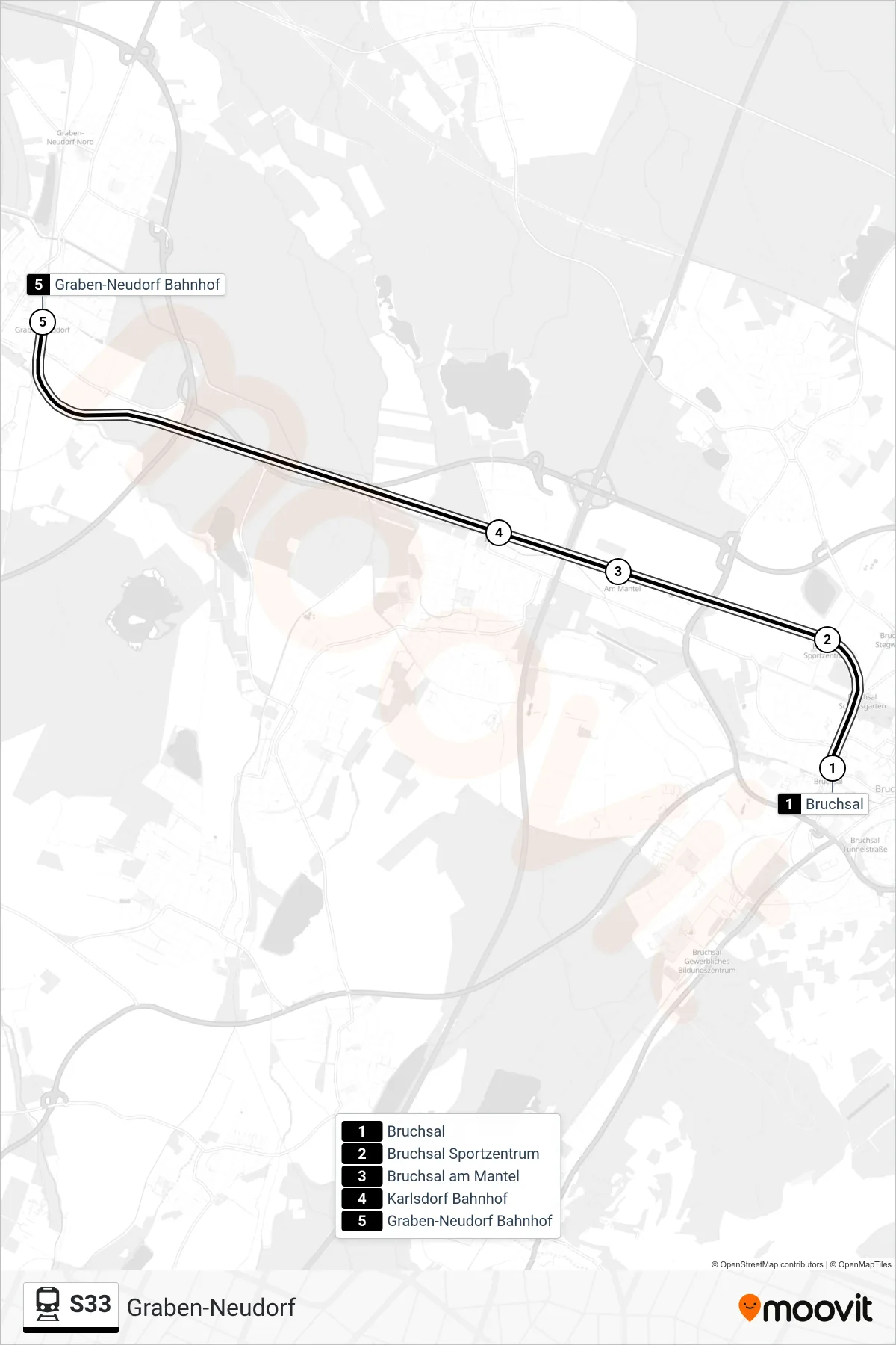 Linie S33 (Bahn) Richtung Graben-Neudorf: Route und Haltestellen auf der Karte