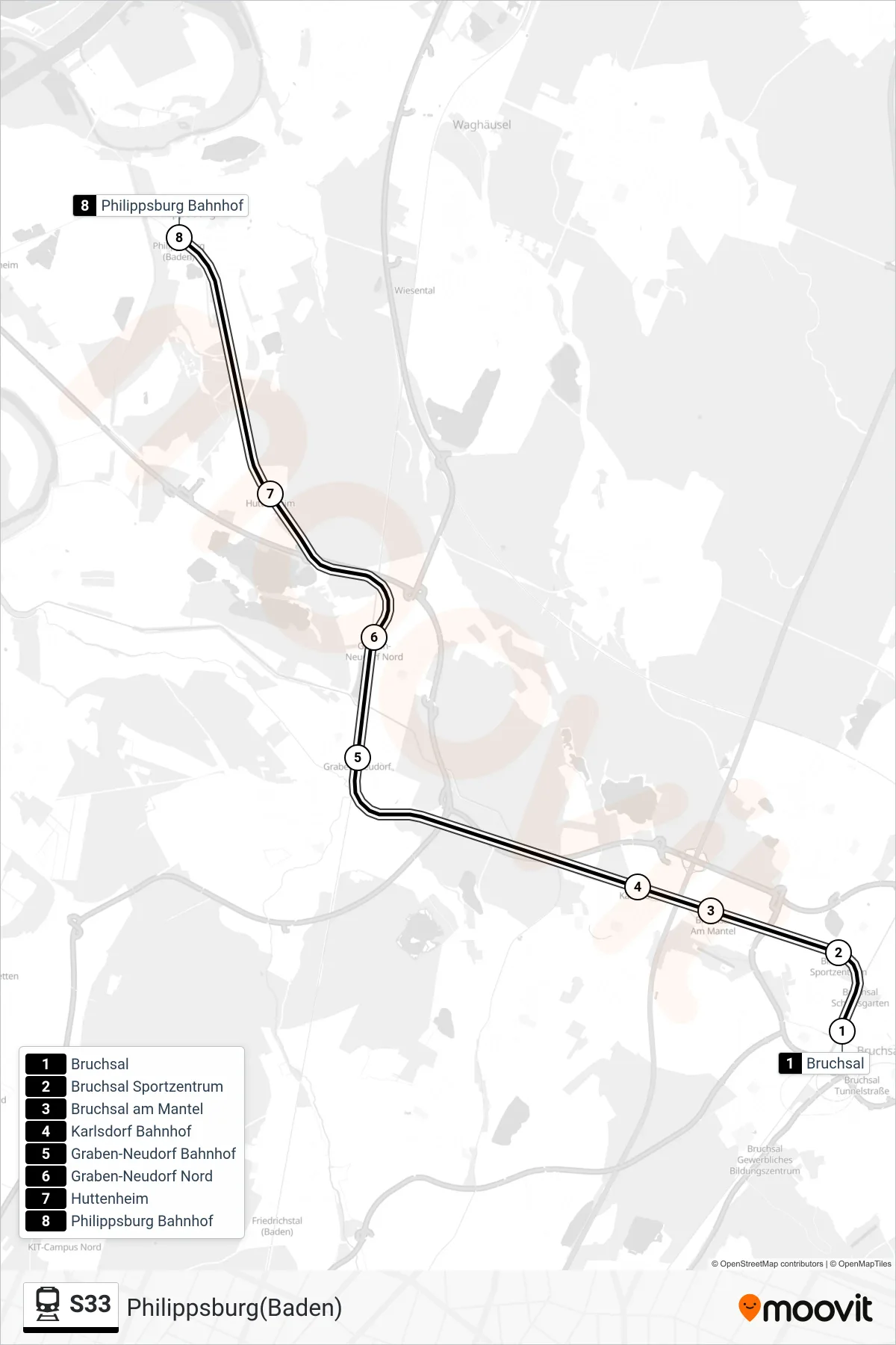 S33 train Line (Philippsburg(Baden)) route and stops on a map