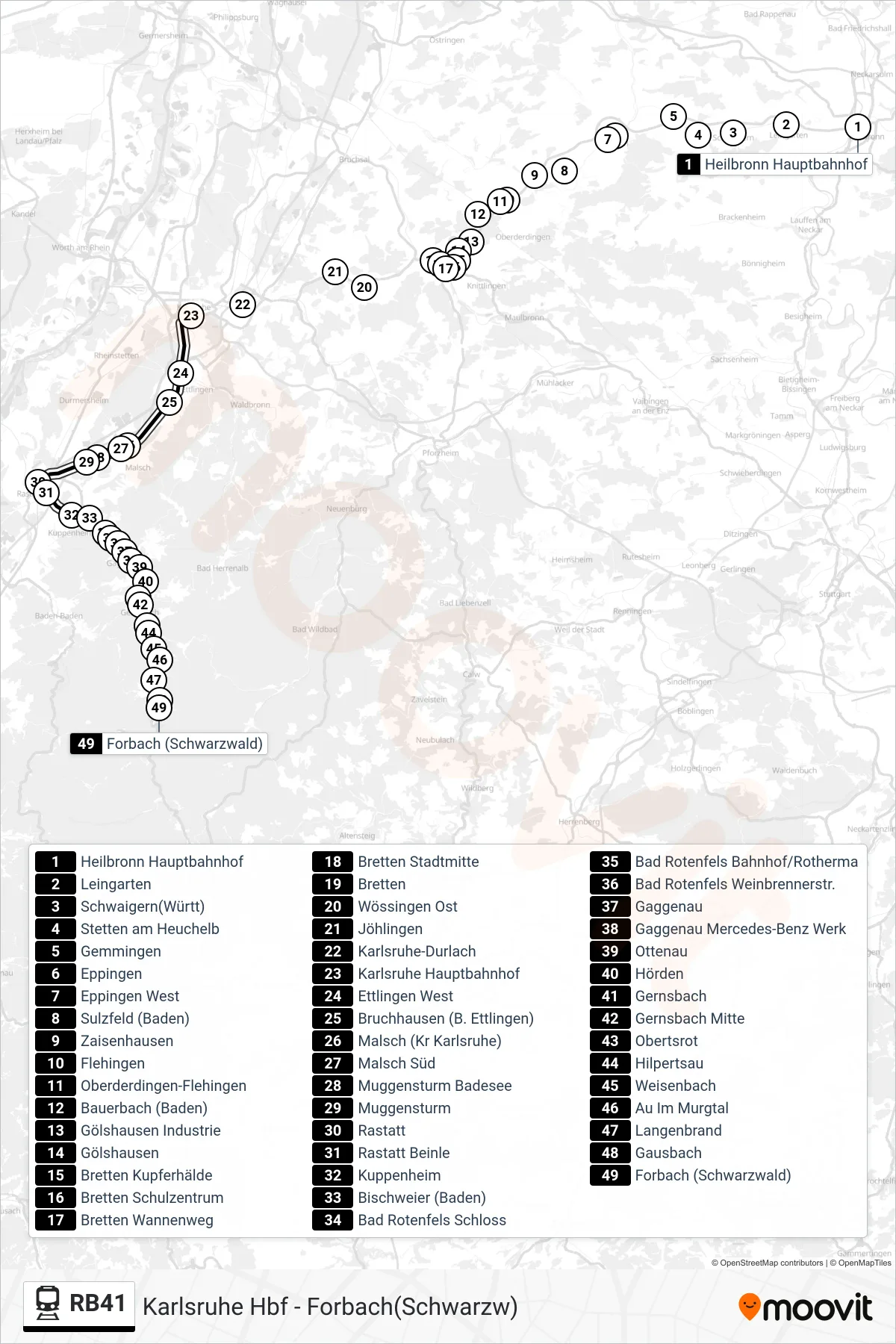 RB41 train Line (Forbach(Schwarzw)) route and stops on a map
