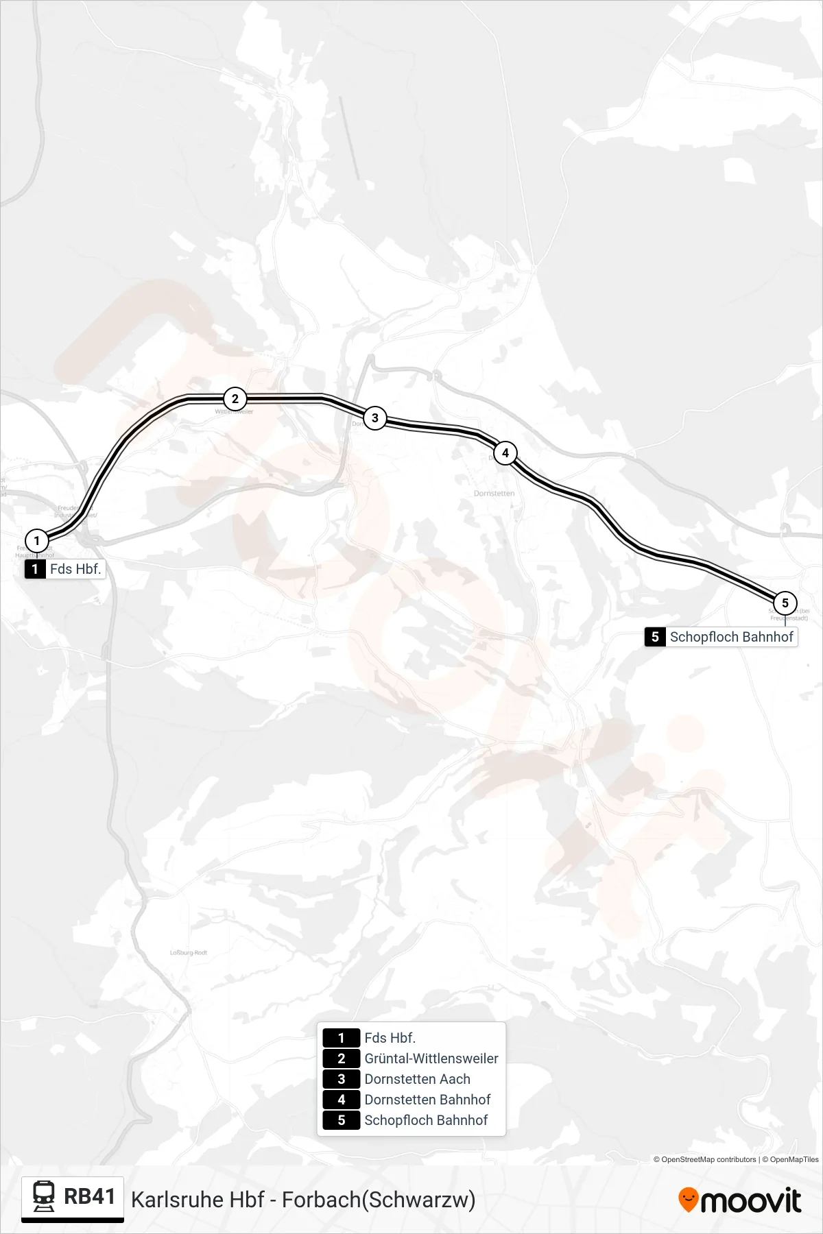 RB41 train Line (Schopfloch(B Freudenstadt)) route and stops on a map