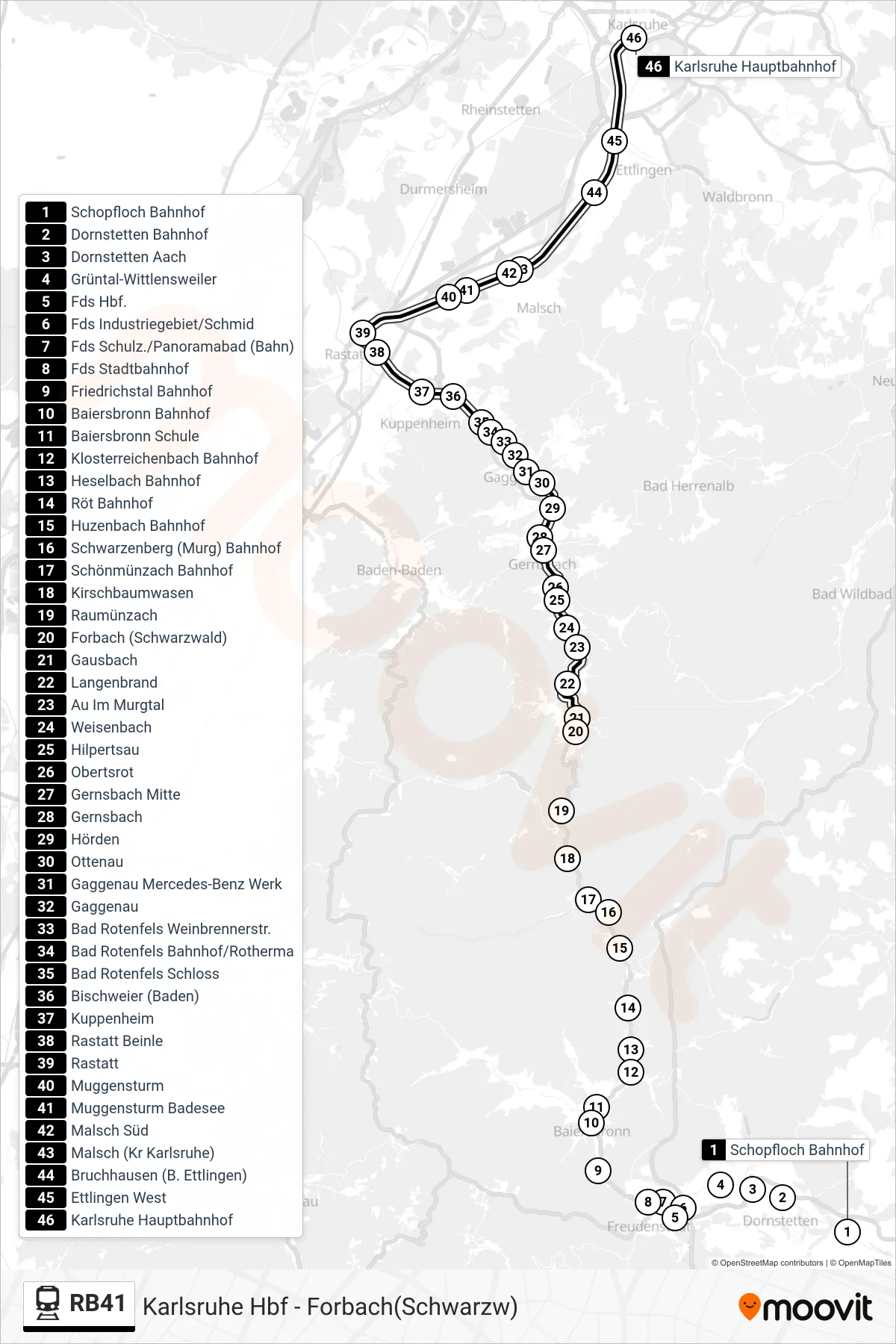 RB41 train Line (Karlsruhe Hbf) route and stops on a map