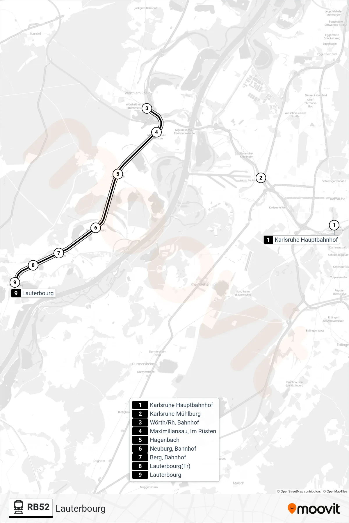 RB52 train Line (Lauterbourg) route and stops on a map