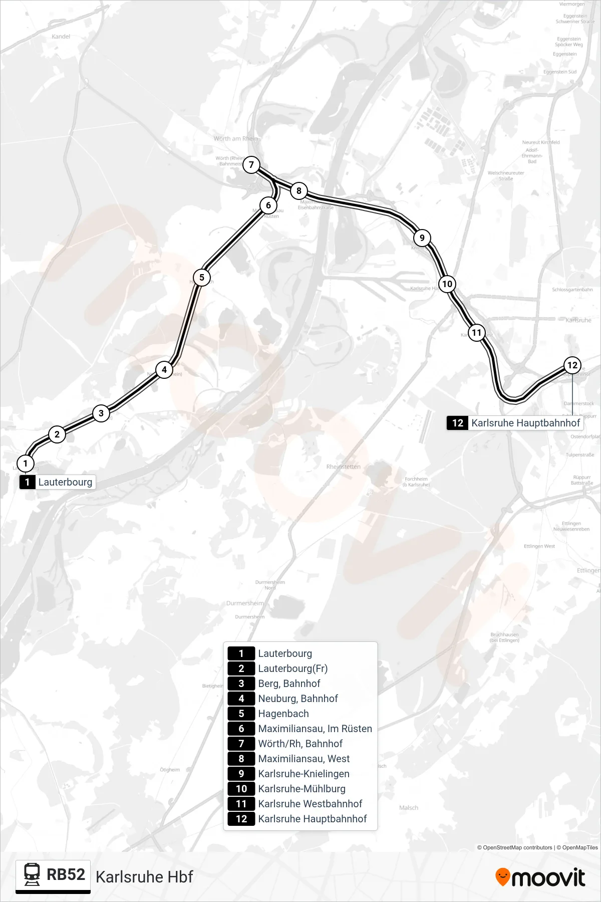 RB52 train Line (Karlsruhe Hbf) route and stops on a map