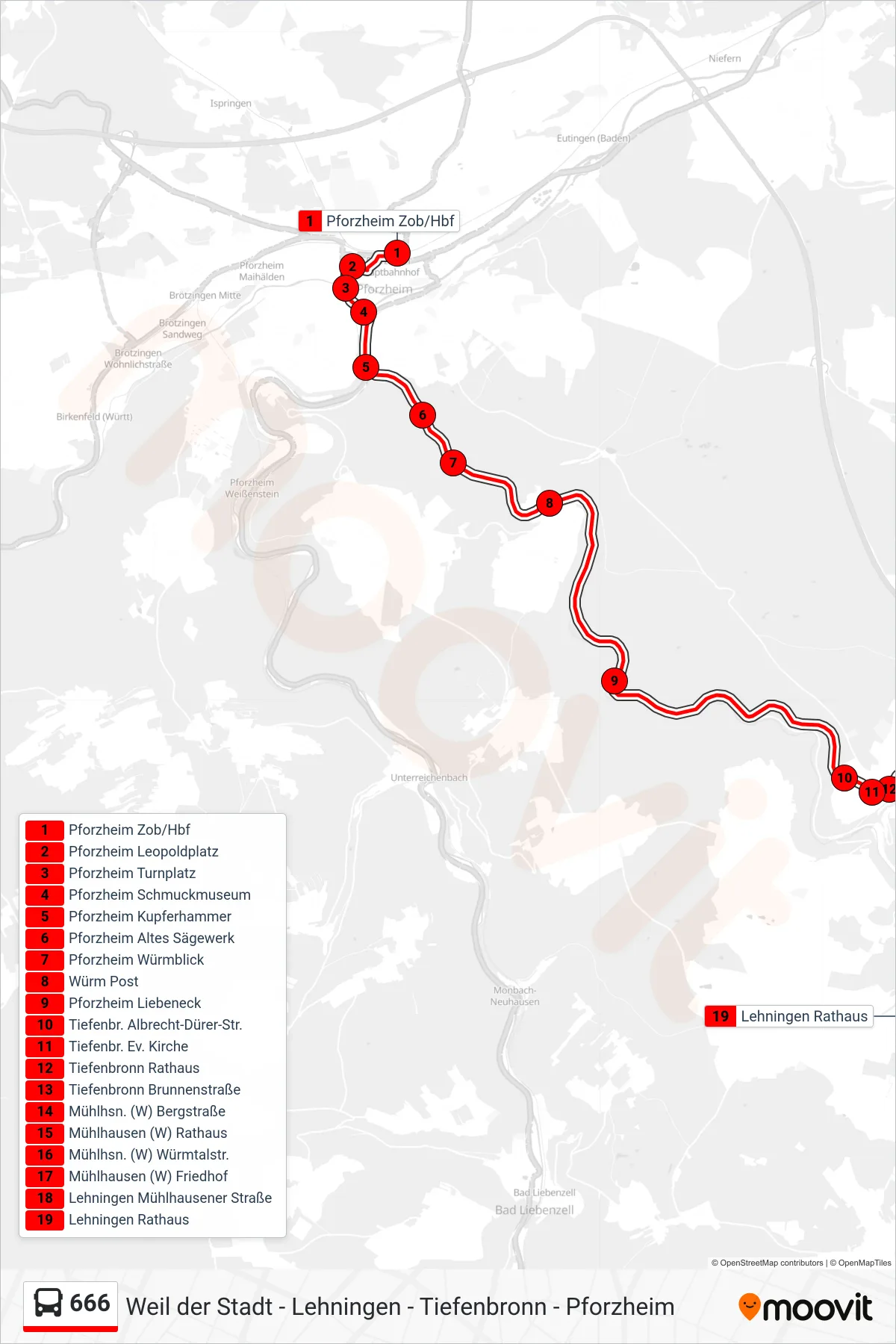 666 bus Line (Lehningen Rathaus) route and stops on a map