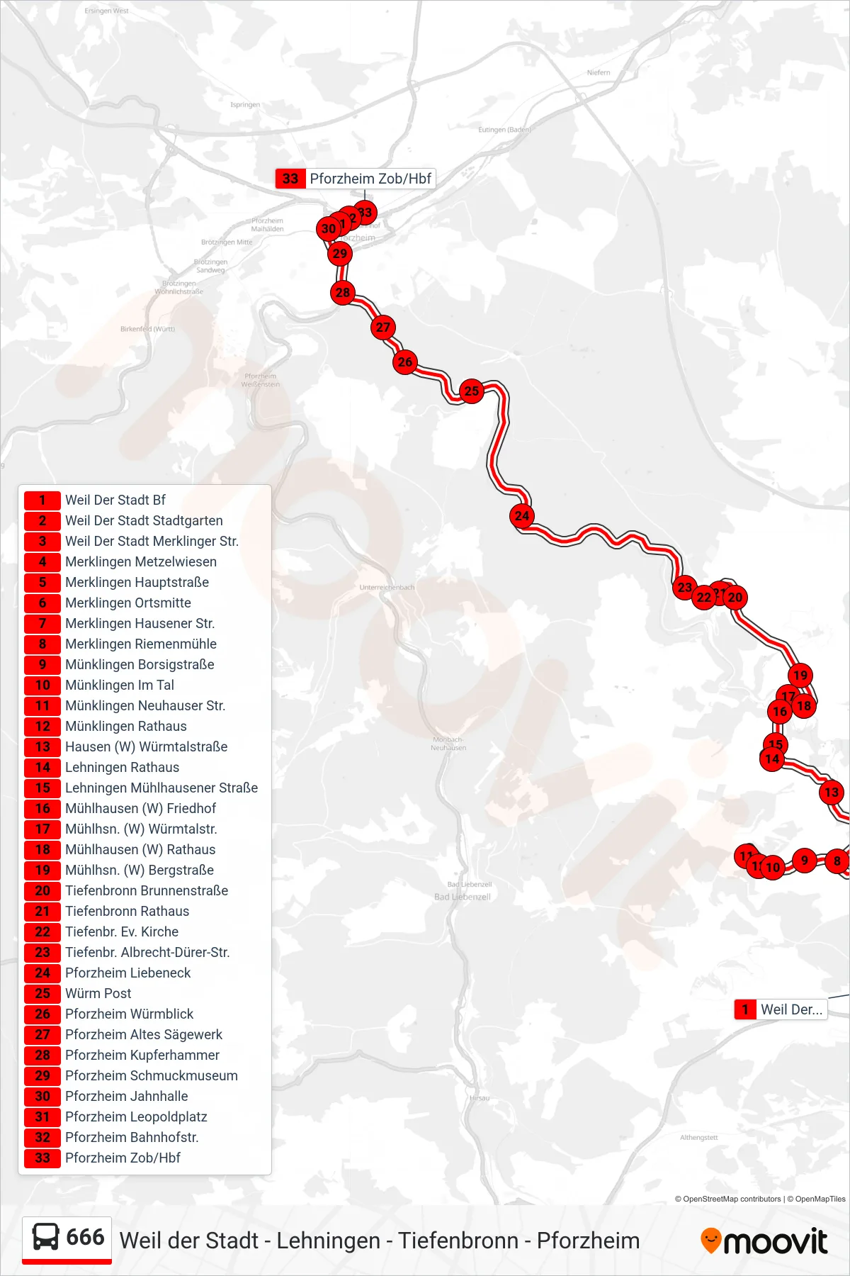 666 bus Line (Pforzheim Zob/Hbf) route and stops on a map
