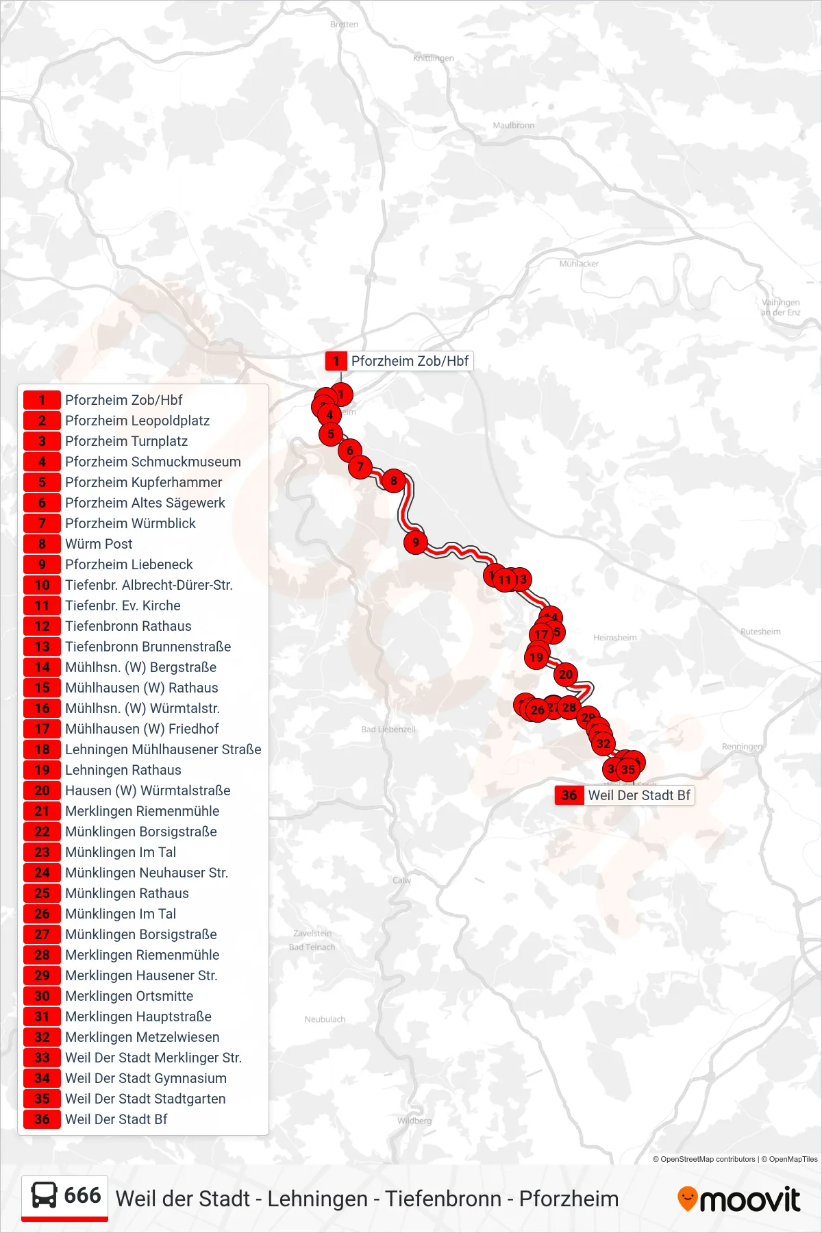 Linie 666 (Bus) Richtung Weil Der Stadt Bf: Route und Haltestellen auf der Karte