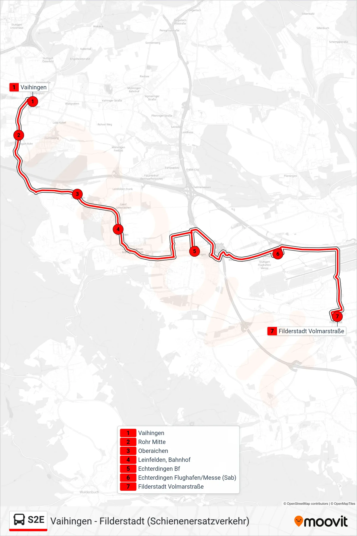 S2E bus Line (Filderstadt Volmarstraße) route and stops on a map