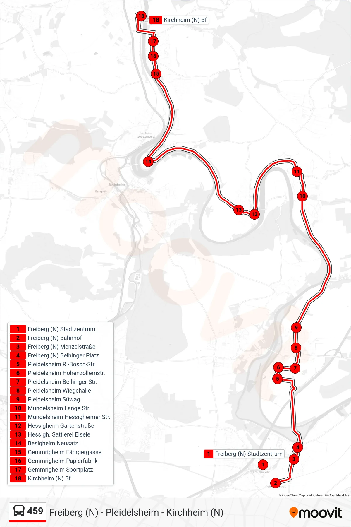 Linie 459 (Bus) Richtung Kirchheim (N) Bf: Route und Haltestellen auf der Karte