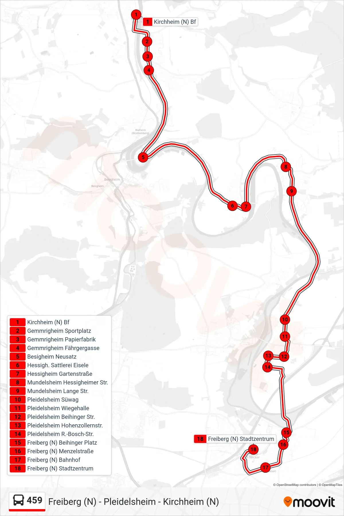 459 bus Line (Freiberg (N) Stadtzentrum) route and stops on a map
