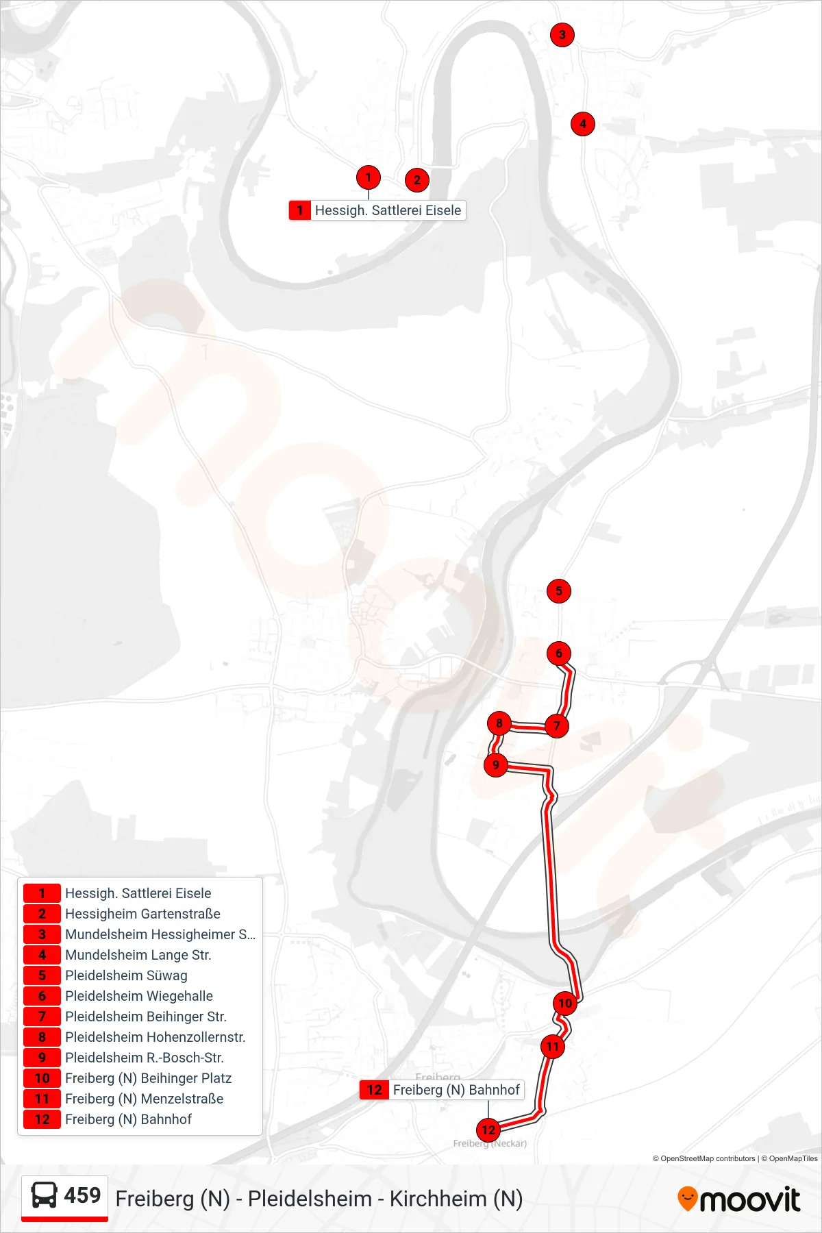 459 bus Line (Freiberg (N) Bf) route and stops on a map