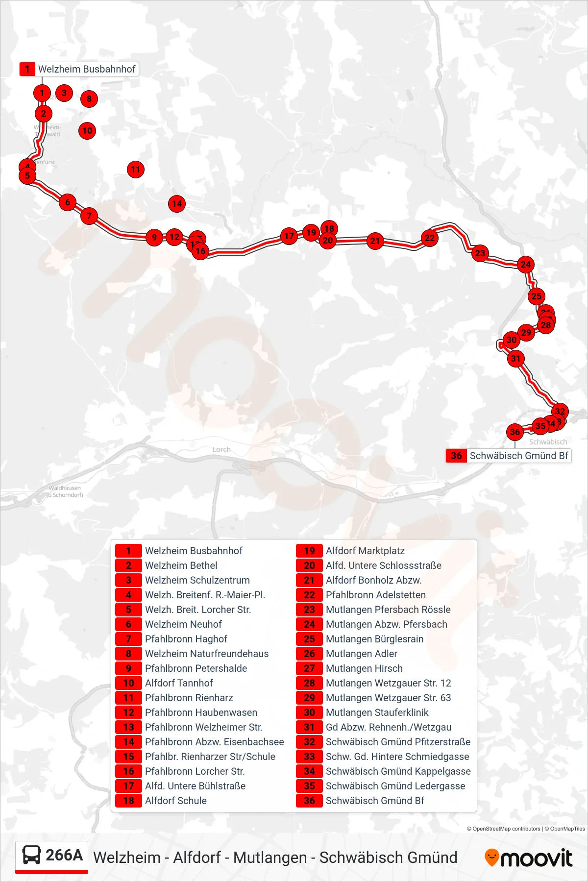 Linie 266A (Bus) Richtung Schwäbisch Gmünd Bf: Route und Haltestellen auf der Karte
