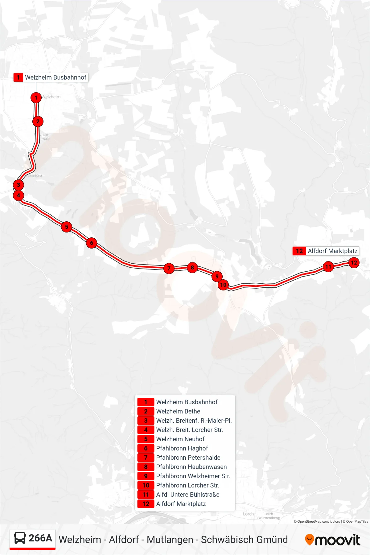 266A bus Line (Alfdorf Marktplatz) route and stops on a map