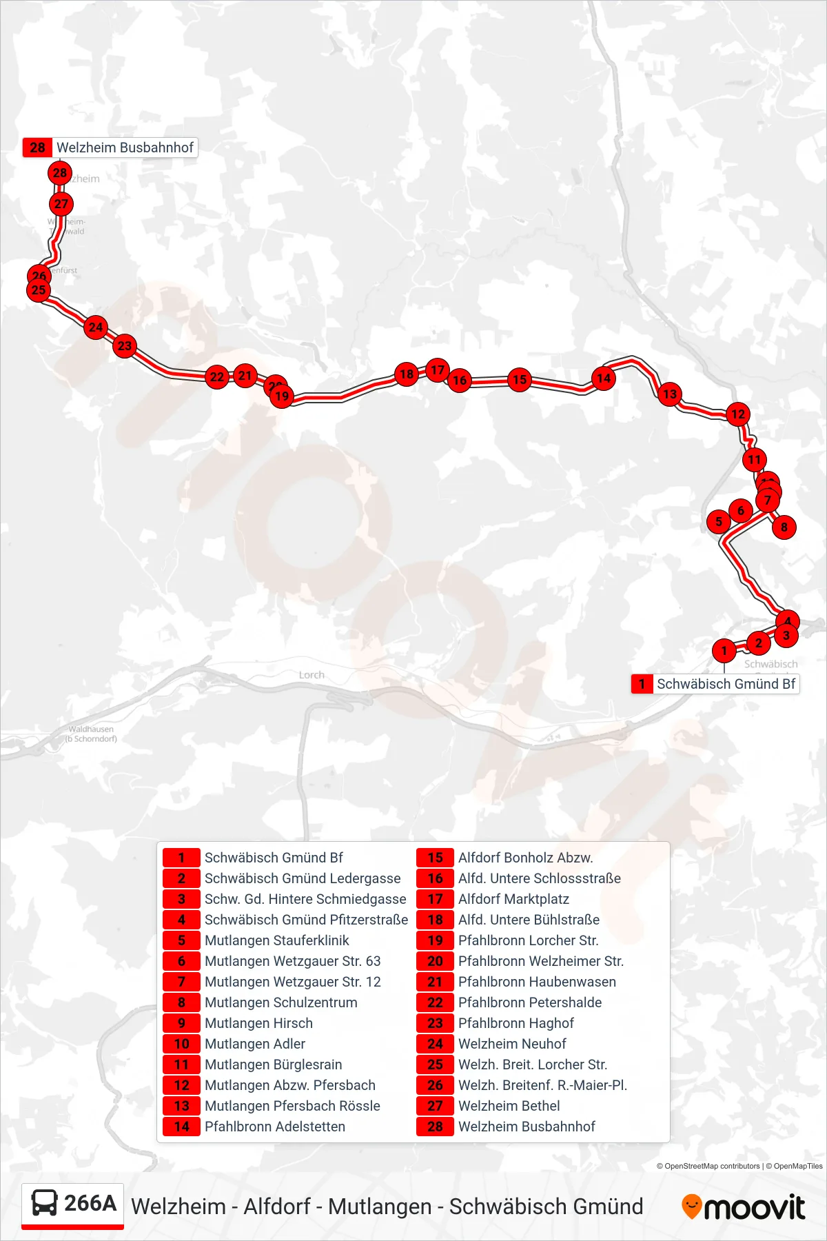 266A bus Line (Welzheim Busbahnhof) route and stops on a map