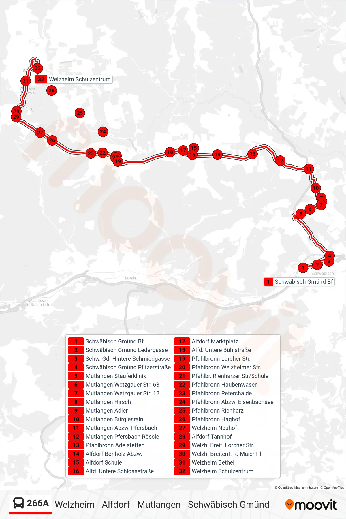 266A bus Line (Welzheim Schulzentrum) route and stops on a map