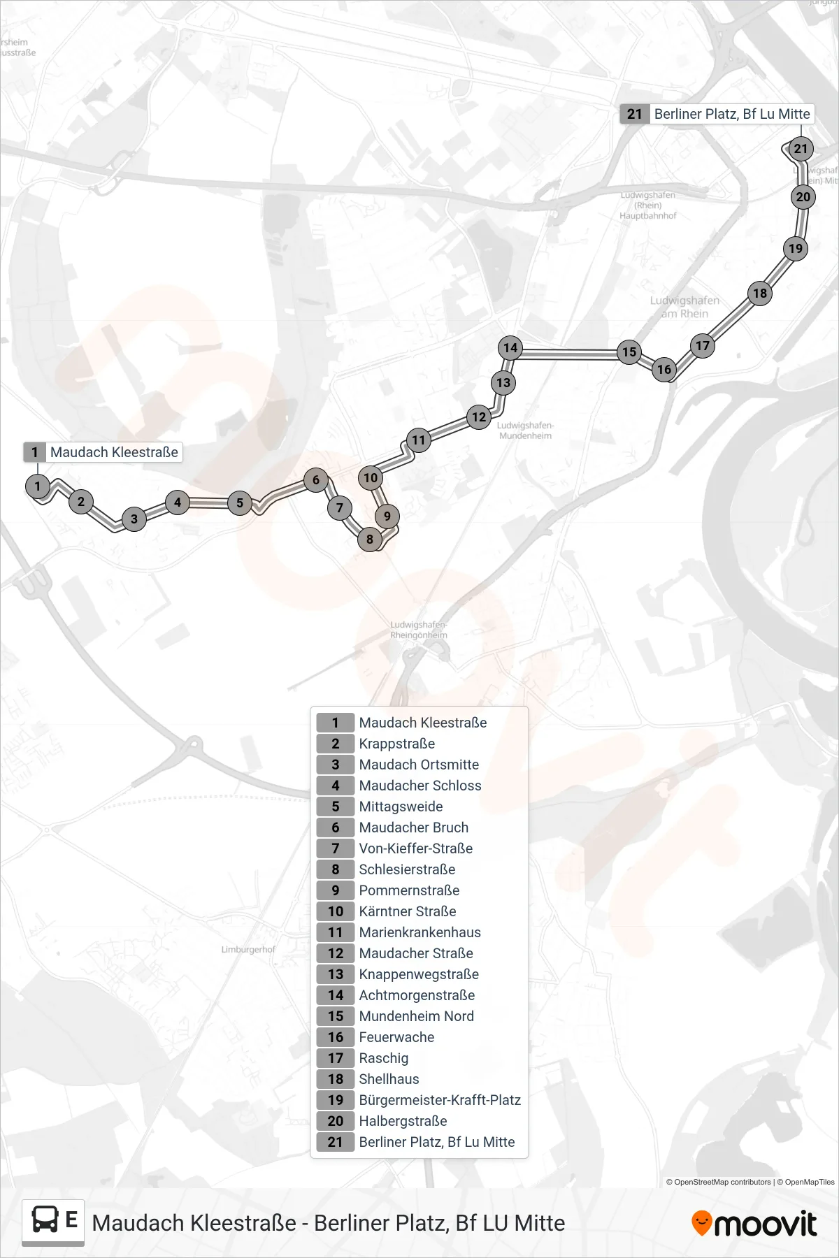 Linie E (Bus) Richtung Berliner Platz: Route und Haltestellen auf der Karte