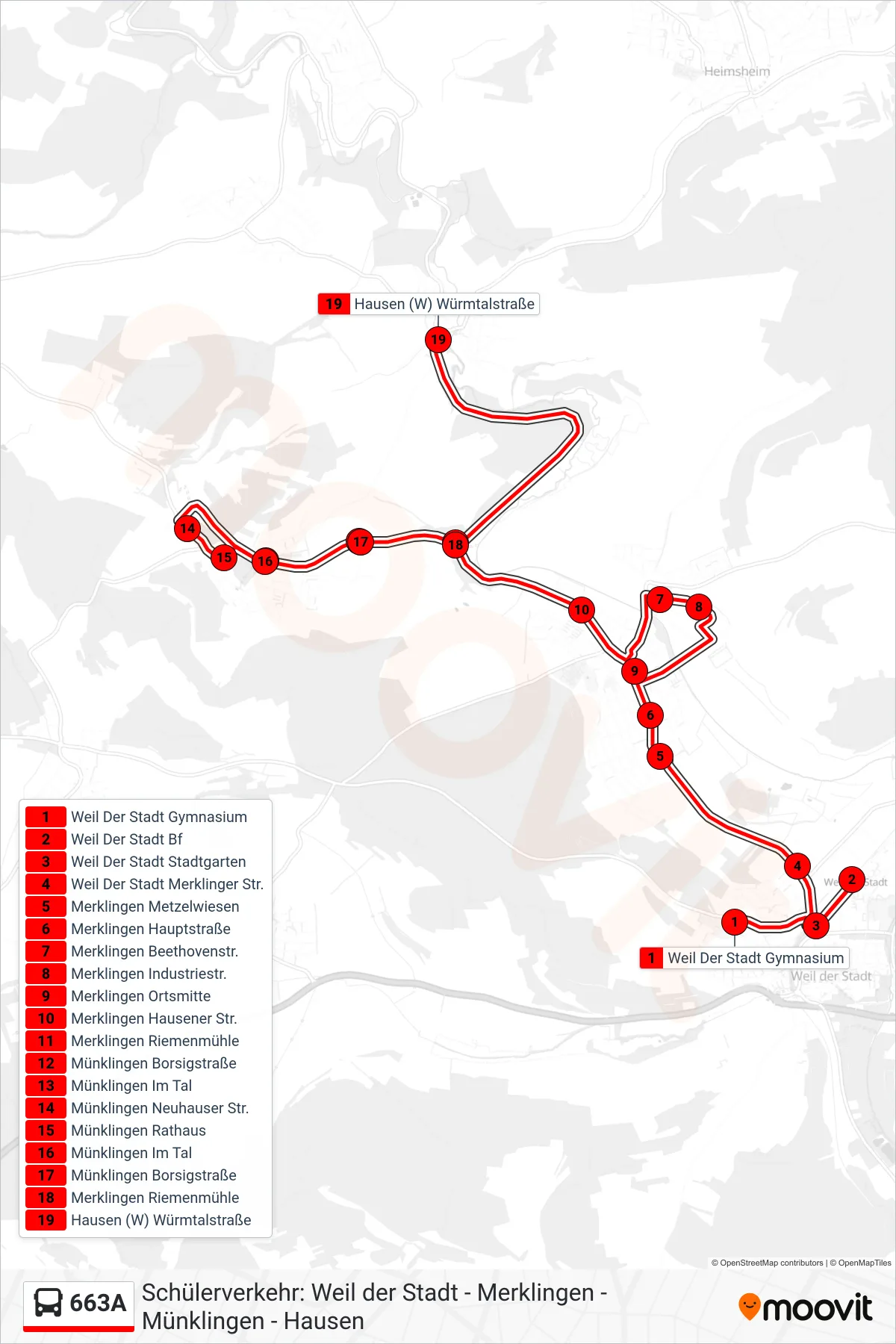 663A bus Line (Hausen (W) Würmtalstraße) route and stops on a map