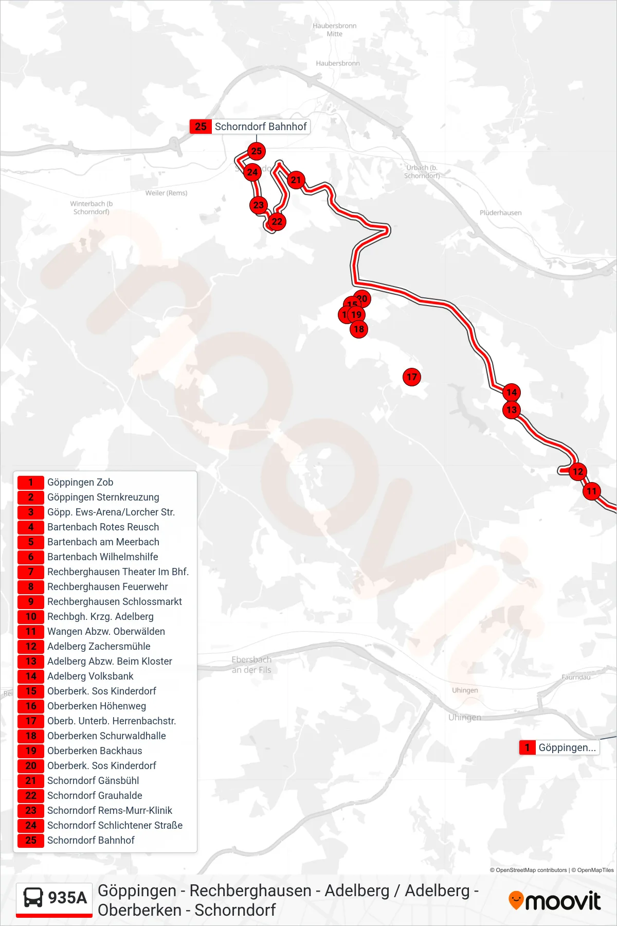 Linie 935A (Bus) Richtung Schorndorf Bf: Route und Haltestellen auf der Karte