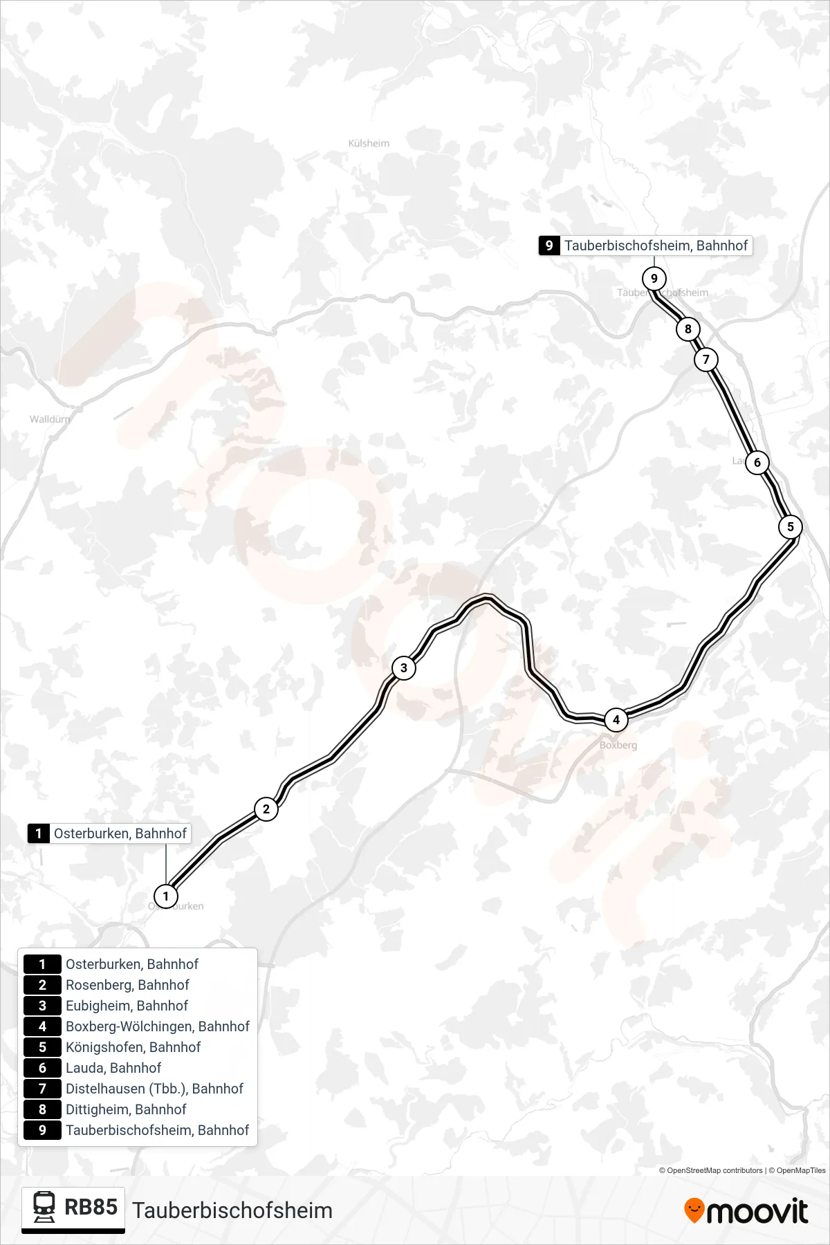 Linie RB85 (Tram) Richtung Tauberbischofsheim: Route und Haltestellen auf der Karte