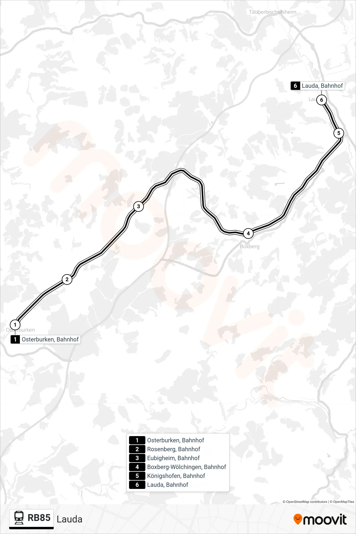 RB85 tram Line (Lauda) route and stops on a map