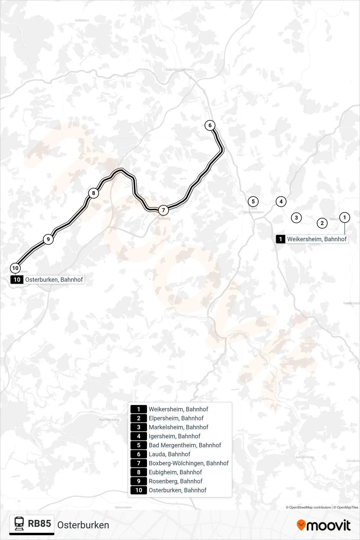 RB85 tram Line (Osterburken) route and stops on a map